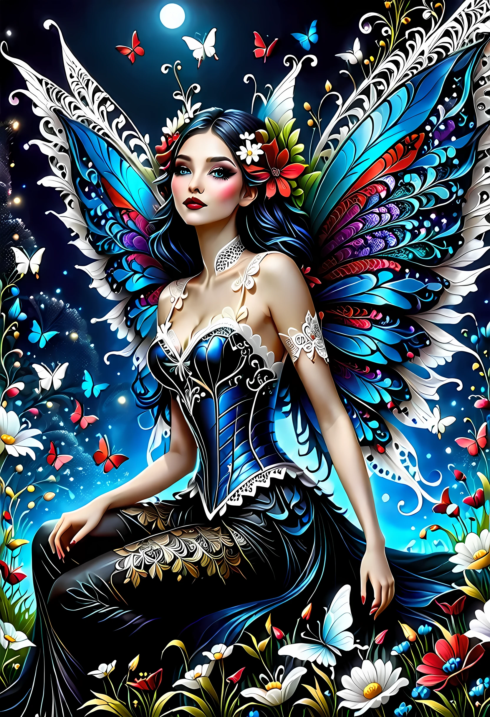 high details, best quality, 16k, RAW, [best detailed], masterpiece, best quality, (extremely detailed), full body, ultra wide shot, photorealistic, dark fantasy art, goth art, RPG art, D&D art, a picture of a dark female fairy resting in a flower meadow, extremely beautiful fairy, ultra feminine (intense details, Masterpiece, best quality), best detailed face (intense details, Masterpiece, best quality), having wide butterfly wings, spread butterfly wings (intense details, Masterpiece, best quality), dark colors wings (intense details, Masterpiece, best quality), black hair, long hair, shinning hair, flowing hair, shy smile, innocent smile, blue eyes, dark red lips, wearing ((white: 1.5)) lace dress (intense details, Masterpiece, best quality), ((white: 1.5))(lace: 1.5) corset (intense details, Masterpiece, best quality), dynamic elegant shirt, chocker, wearing high heels, in dark colored flower meadow (intense details, Masterpiece, best quality), (red flowers: 1.2) , (black flowers: 1.2), (white flowers: 1.2), (blue flowers: 1.3) [extreme many flowers] (intense details, Masterpiece, best quality), dark colorful flowers (intense details, Masterpiece, best quality), flower meadow in a dark goth field background, dim light, cinematic light, High Detail, Ultra High Quality, High Resolution, 16K Resolution, Ultra HD Pictures, 3D rendering Ultra Realistic, Clear Details, Realistic Detail, Ultra High Definition, lace drawing, betmd, DonMF41ryW1ng5XL
