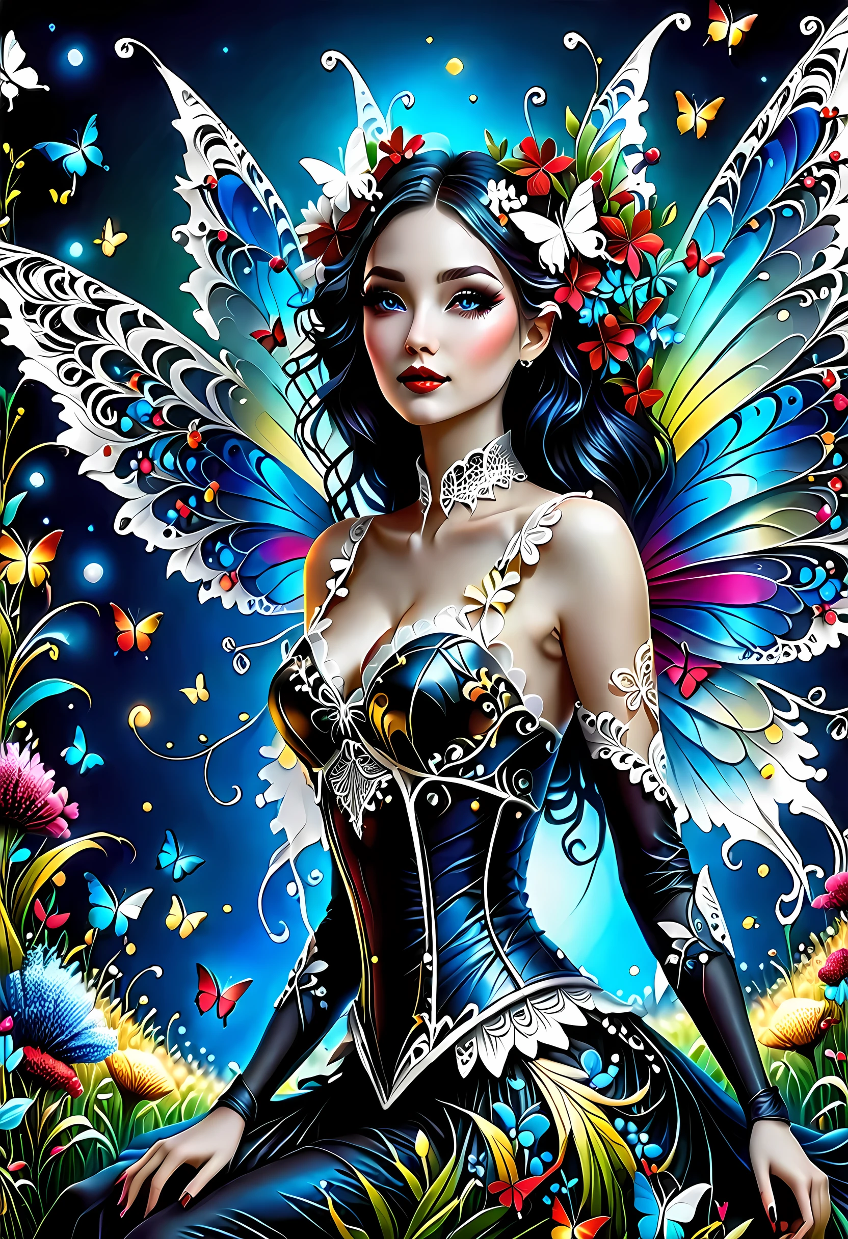 high details, best quality, 16k, RAW, [best detailed], masterpiece, best quality, (extremely detailed), full body, ultra wide shot, photorealistic, dark fantasy art, goth art, RPG art, D&D art, a picture of a dark female fairy resting in a flower meadow, extremely beautiful fairy, ultra feminine (intense details, Masterpiece, best quality), best detailed face (intense details, Masterpiece, best quality), having wide butterfly wings, spread butterfly wings (intense details, Masterpiece, best quality), dark colors wings (intense details, Masterpiece, best quality), black hair, long hair, shinning hair, flowing hair, shy smile, innocent smile, blue eyes, dark red lips, wearing ((white: 1.5)) lace dress (intense details, Masterpiece, best quality), ((white: 1.5))(lace: 1.5) corset (intense details, Masterpiece, best quality), dynamic elegant shirt, chocker, wearing high heels, in dark colored flower meadow (intense details, Masterpiece, best quality), (red flowers: 1.2) , (black flowers: 1.2), (white flowers: 1.2), (blue flowers: 1.3) [extreme many flowers] (intense details, Masterpiece, best quality), dark colorful flowers (intense details, Masterpiece, best quality), flower meadow in a dark goth field background, dim light, cinematic light, High Detail, Ultra High Quality, High Resolution, 16K Resolution, Ultra HD Pictures, 3D rendering Ultra Realistic, Clear Details, Realistic Detail, Ultra High Definition, lace drawing, betmd, DonMF41ryW1ng5XL
