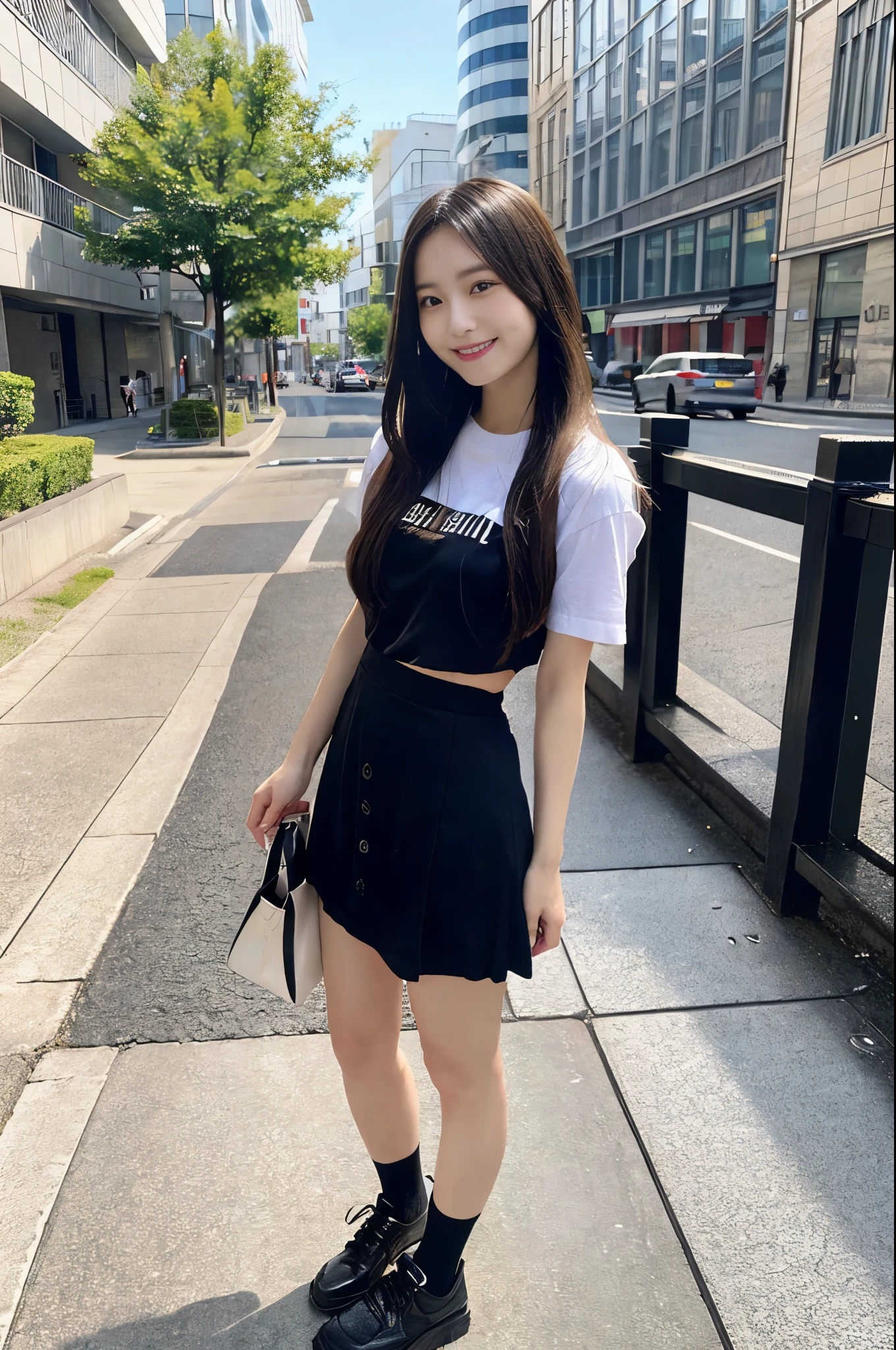 (Full Body:1.4), (Masterpiece, Top quality, Ultra High Definition, 8K),(realistic, photo-realistic:1.4), (1 cute Japanese woman:1.2), age 18, (round face, moon face:1.3), Shiny Hair, Straight Hair, (Absurdly Long Hair:1.3), glossy lips, flawless skin, T-shirt, Mini skirt, Black socks, Shoes, Giddy Smile, Natural Light, From Behind, at Street, realhands,