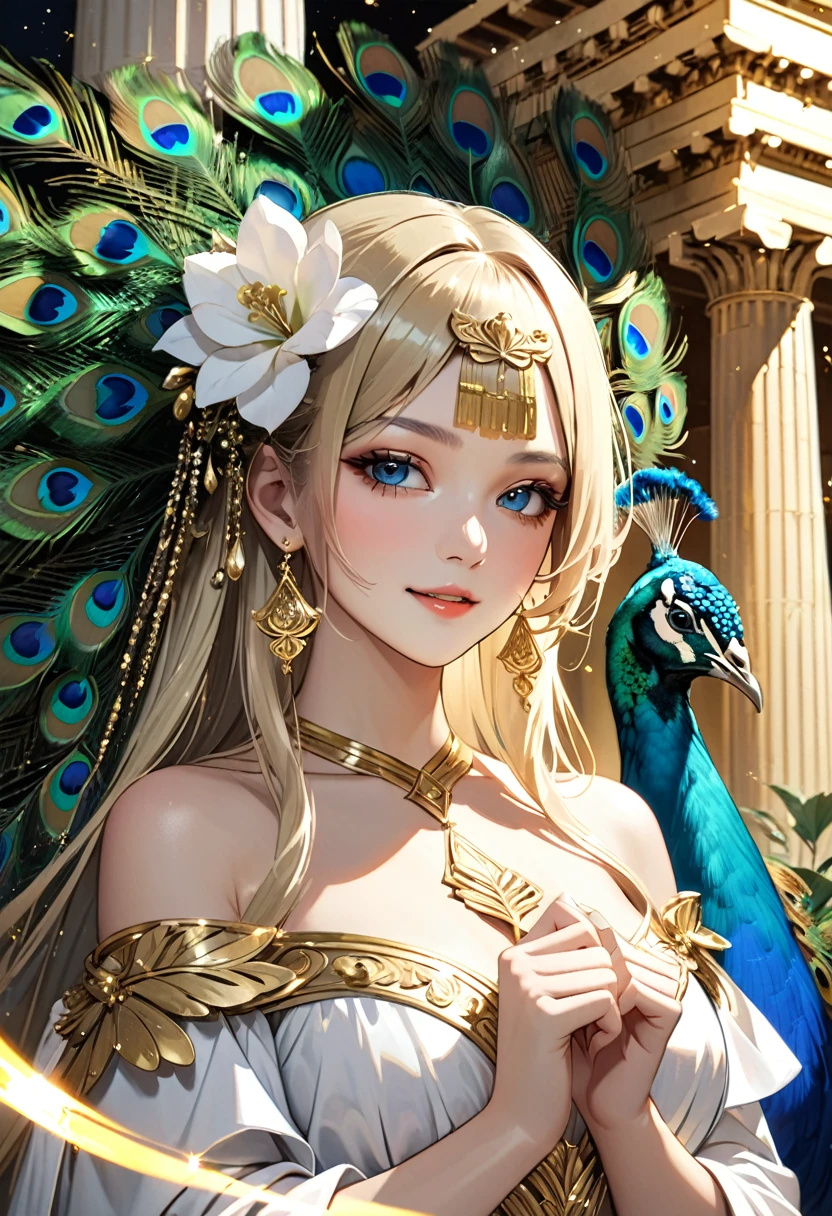 (masterpiece, best quality:1.1),
(ultra highres, ultra-detailed:1.2) ,roman girl,blonde,hair ornaments,flower pattern White Robe,(has Peacock wings), BREAK,detailed hand,Holding magical flower in hands,smile,gold aura,divine,beautiful effects,Alluring,Background:Parthenon temple,dynamic angle,(Glitter:1.5) ,(sparkle:1.5) ,