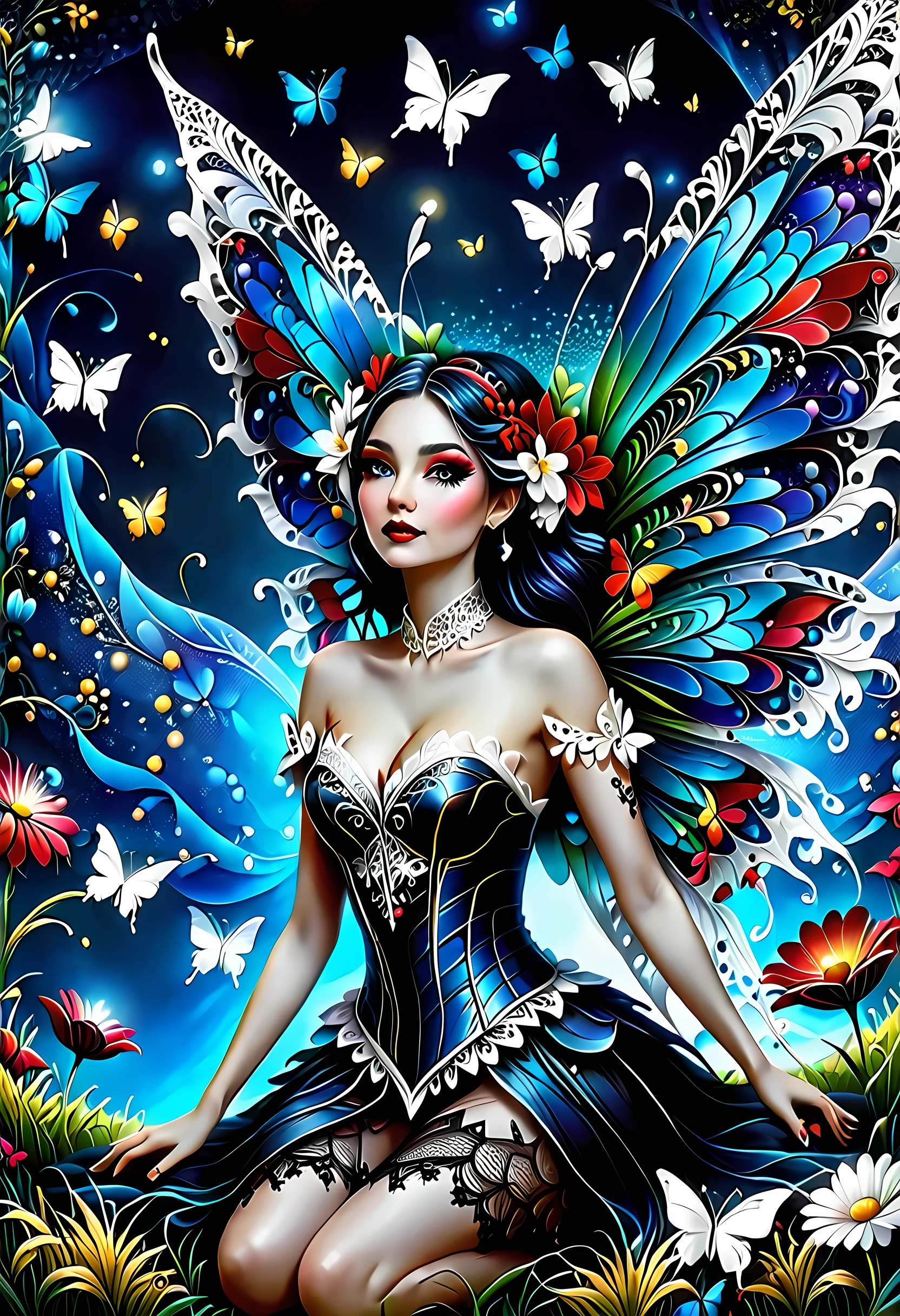 high details, best quality, 16k, RAW, [best detailed], masterpiece, best quality, (extremely detailed), full body, ultra wide shot, photorealistic, dark fantasy art, goth art, RPG art, D&D art, a picture of a dark female fairy resting in a flower meadow, extremely beautiful fairy, ultra feminine (intense details, Masterpiece, best quality), best detailed face (intense details, Masterpiece, best quality), having wide butterfly wings, spread butterfly wings (intense details, Masterpiece, best quality), dark colors wings (intense details, Masterpiece, best quality), black hair, long hair, shinning hair, flowing hair, shy smile, innocent smile, blue eyes, dark red lips, wearing ((white: 1.5)) lace dress (intense details, Masterpiece, best quality), ((white: 1.5))(lace: 1.5) corset (intense details, Masterpiece, best quality), dynamic elegant shirt, chocker, wearing high heels, in dark colored flower meadow (intense details, Masterpiece, best quality), (red flowers: 1.2) , (black flowers: 1.2), (white flowers: 1.2), (blue flowers: 1.3) [extreme many flowers] (intense details, Masterpiece, best quality), dark colorful flowers (intense details, Masterpiece, best quality), flower meadow in a dark goth field background, dim light, cinematic light, High Detail, Ultra High Quality, High Resolution, 16K Resolution, Ultra HD Pictures, 3D rendering Ultra Realistic, Clear Details, Realistic Detail, Ultra High Definition, lace drawing, betmd, DonMF41ryW1ng5XL
