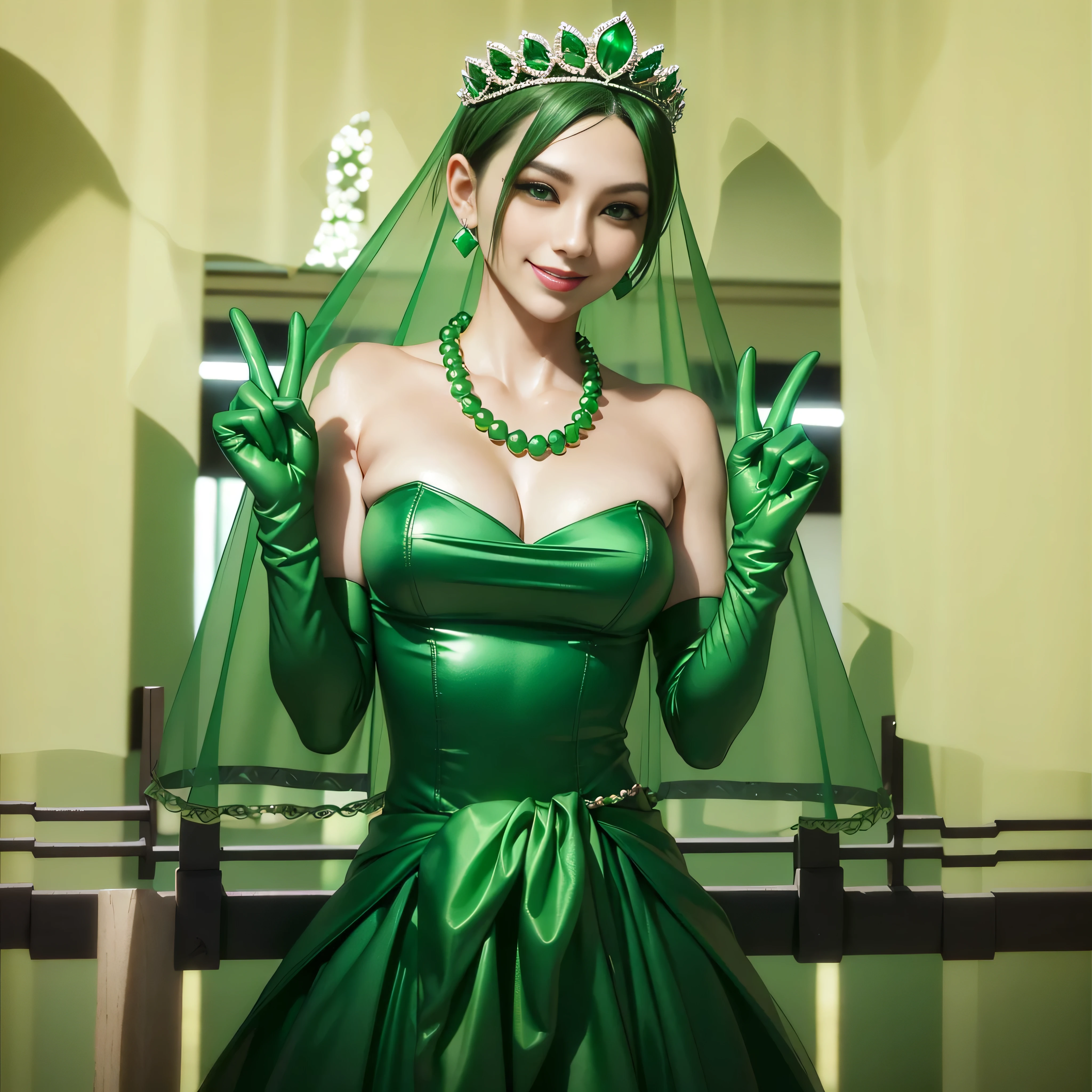Emerald tiara, Green Pearl Necklace, Boyish very short green hair, lipstick, Smiling Japan woman in her 30s, Very short hair, Big and beautiful, Green Eyes, Long green satin gloves, Big Breasts, V sign, Emerald Earrings, Green veil