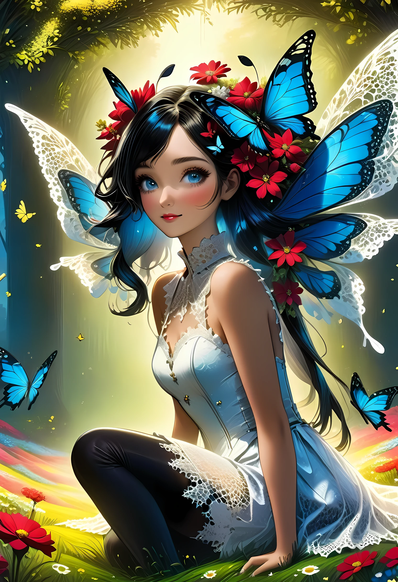 high details, best quality, 16k, RAW, [best detailed], masterpiece, best quality, (extremely detailed), full body, ultra wide shot, photorealistic, dark fantasy art, goth art, RPG art, D&D art, a picture of a dark female fairy resting in a flower meadow, extremely beautiful fairy, ultra feminine (intense details, Masterpiece, best quality), best detailed face (intense details, Masterpiece, best quality), having wide butterfly wings, spread butterfly wings (intense details, Masterpiece, best quality), dark colors wings (intense details, Masterpiece, best quality), black hair, long hair, shinning hair, flowing hair, shy smile, innocent smile, blue eyes, dark red lips, wearing ((white: 1.5)) lace dress (intense details, Masterpiece, best quality), ((white lace: 1.5)) corset (intense details, Masterpiece, best quality), dynamic elegant shirt, chocker, wearing high heels, in dark colored flower meadow (intense details, Masterpiece, best quality), (red flowers: 1.2) , (black flowers: 1.2), (white flowers: 1.2), (blue flowers: 1.3) [extreme many flowers] (intense details, Masterpiece, best quality), dark colorful flowers (intense details, Masterpiece, best quality), flower meadow in a dark goth field background, dim light, cinematic light, High Detail, Ultra High Quality, High Resolution, 16K Resolution, Ultra HD Pictures, 3D rendering Ultra Realistic, Clear Details, Realistic Detail, Ultra High Definition, lace drawing, betmd, DonMF41ryW1ng5XL
