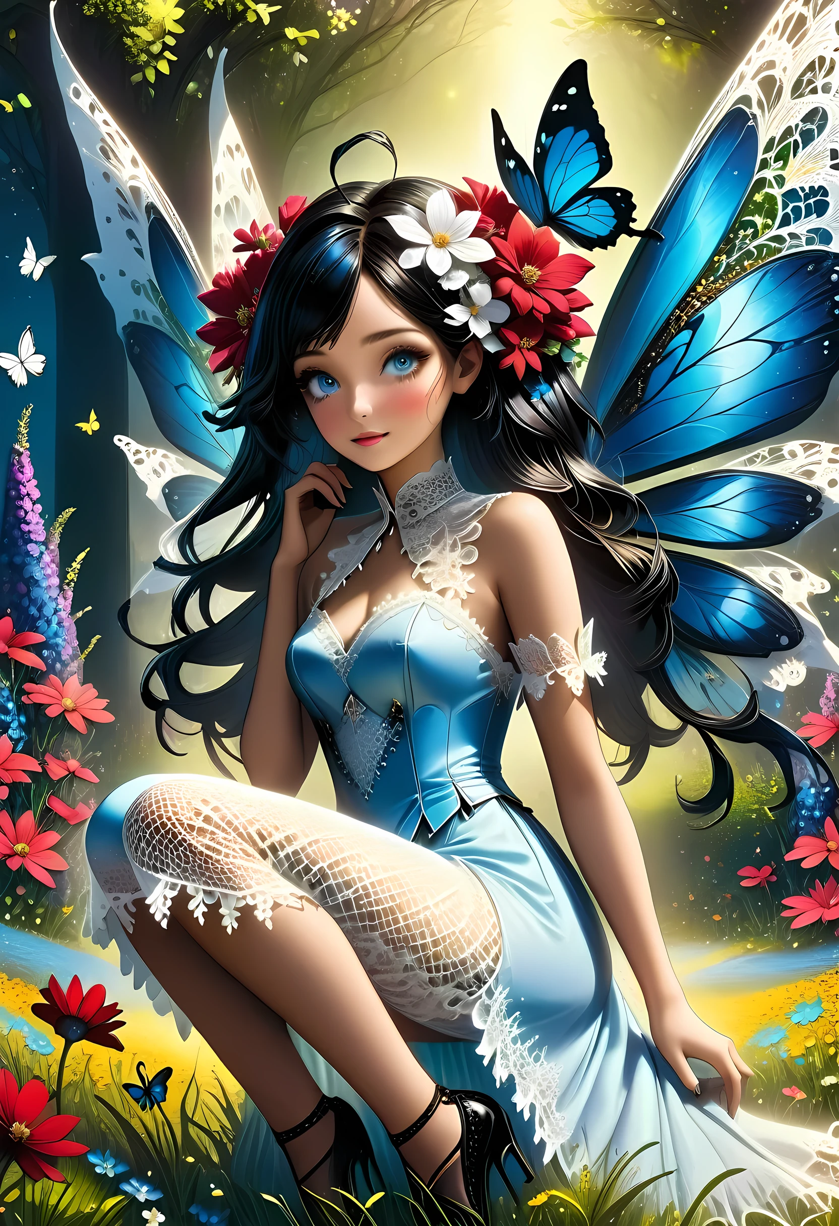 high details, best quality, 16k, RAW, [best detailed], masterpiece, best quality, (extremely detailed), full body, ultra wide shot, photorealistic, dark fantasy art, goth art, RPG art, D&D art, a picture of a dark female fairy resting in a flower meadow, extremely beautiful fairy, ultra feminine (intense details, Masterpiece, best quality), best detailed face (intense details, Masterpiece, best quality), having wide butterfly wings, spread butterfly wings (intense details, Masterpiece, best quality), dark colors wings (intense details, Masterpiece, best quality), black hair, long hair, shinning hair, flowing hair, shy smile, innocent smile, blue eyes, dark red lips, wearing ((white: 1.5)) lace dress (intense details, Masterpiece, best quality), ((white lace: 1.5)) corset (intense details, Masterpiece, best quality), dynamic elegant shirt, chocker, wearing high heels, in dark colored flower meadow (intense details, Masterpiece, best quality), (red flowers: 1.2) , (black flowers: 1.2), (white flowers: 1.2), (blue flowers: 1.3) [extreme many flowers] (intense details, Masterpiece, best quality), dark colorful flowers (intense details, Masterpiece, best quality), flower meadow in a dark goth field background, dim light, cinematic light, High Detail, Ultra High Quality, High Resolution, 16K Resolution, Ultra HD Pictures, 3D rendering Ultra Realistic, Clear Details, Realistic Detail, Ultra High Definition, lace drawing, betmd, DonMF41ryW1ng5XL
