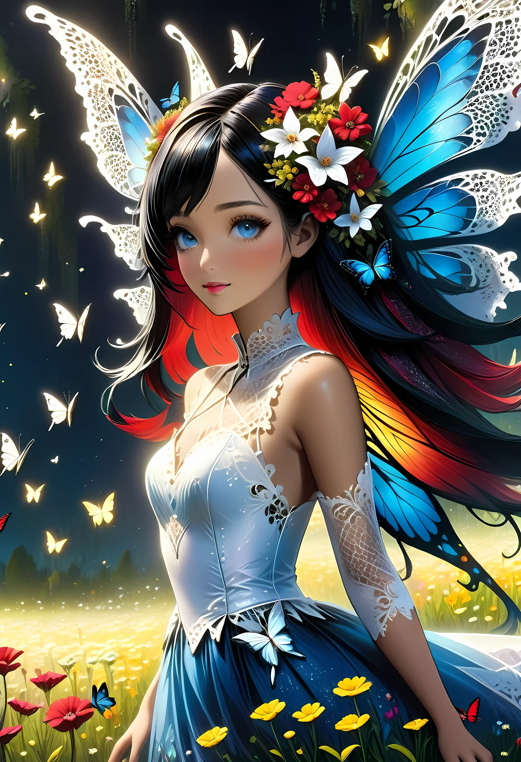 high details, best quality, 16k, RAW, [best detailed], masterpiece, best quality, (extremely detailed), full body, ultra wide shot, photorealistic, dark fantasy art, goth art, RPG art, D&D art, a picture of a dark female fairy resting in a flower meadow, extremely beautiful fairy, ultra feminine (intense details, Masterpiece, best quality), best detailed face (intense details, Masterpiece, best quality), having wide butterfly wings, spread butterfly wings (intense details, Masterpiece, best quality), dark colors wings (intense details, Masterpiece, best quality), black hair, long hair, shinning hair, flowing hair, shy smile, innocent smile, blue eyes, dark red lips, wearing ((white: 1.5)) lace dress (intense details, Masterpiece, best quality), ((white lace: 1.5)) corset (intense details, Masterpiece, best quality), dynamic elegant shirt, chocker, wearing high heels, in dark colored flower meadow (intense details, Masterpiece, best quality), (red flowers: 1.2) , (black flowers: 1.2), (white flowers: 1.2), (blue flowers: 1.3) [extreme many flowers] (intense details, Masterpiece, best quality), dark colorful flowers (intense details, Masterpiece, best quality), flower meadow in a dark goth field background, dim light, cinematic light, High Detail, Ultra High Quality, High Resolution, 16K Resolution, Ultra HD Pictures, 3D rendering Ultra Realistic, Clear Details, Realistic Detail, Ultra High Definition, lace drawing, betmd, DonMF41ryW1ng5XL
