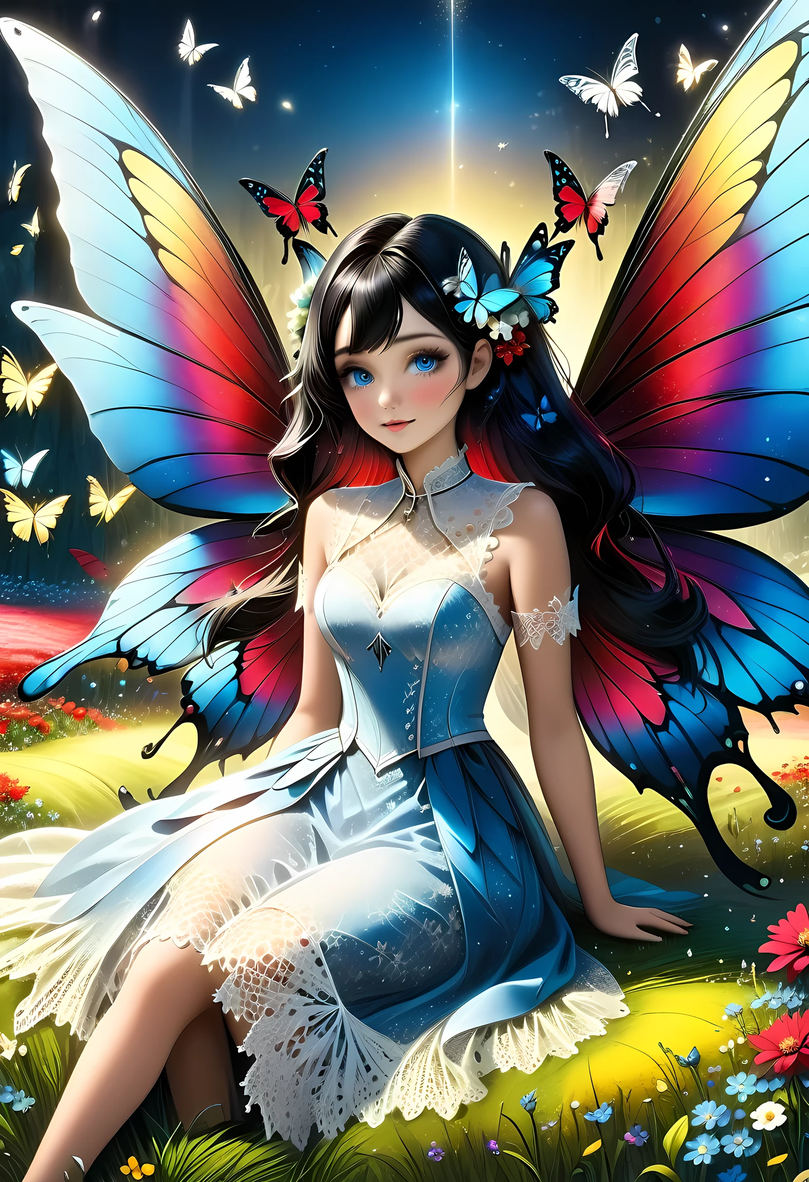 high details, best quality, 16k, RAW, [best detailed], masterpiece, best quality, (extremely detailed), full body, ultra wide shot, photorealistic, dark fantasy art, goth art, RPG art, D&D art, a picture of a dark female fairy resting in a flower meadow, extremely beautiful fairy, ultra feminine (intense details, Masterpiece, best quality), best detailed face (intense details, Masterpiece, best quality), having wide butterfly wings, spread butterfly wings (intense details, Masterpiece, best quality), dark colors wings (intense details, Masterpiece, best quality), black hair, long hair, shinning hair, flowing hair, shy smile, innocent smile, blue eyes, dark red lips, wearing ((white: 1.5)) lace dress (intense details, Masterpiece, best quality), ((white lace: 1.5)) corset (intense details, Masterpiece, best quality), dynamic elegant shirt, chocker, wearing high heels, in dark colored flower meadow (intense details, Masterpiece, best quality), (red flowers: 1.2) , (black flowers: 1.2), (white flowers: 1.2), (blue flowers: 1.3) [extreme many flowers] (intense details, Masterpiece, best quality), dark colorful flowers (intense details, Masterpiece, best quality), flower meadow in a dark goth field background, dim light, cinematic light, High Detail, Ultra High Quality, High Resolution, 16K Resolution, Ultra HD Pictures, 3D rendering Ultra Realistic, Clear Details, Realistic Detail, Ultra High Definition, lace drawing, betmd, DonMF41ryW1ng5XL
