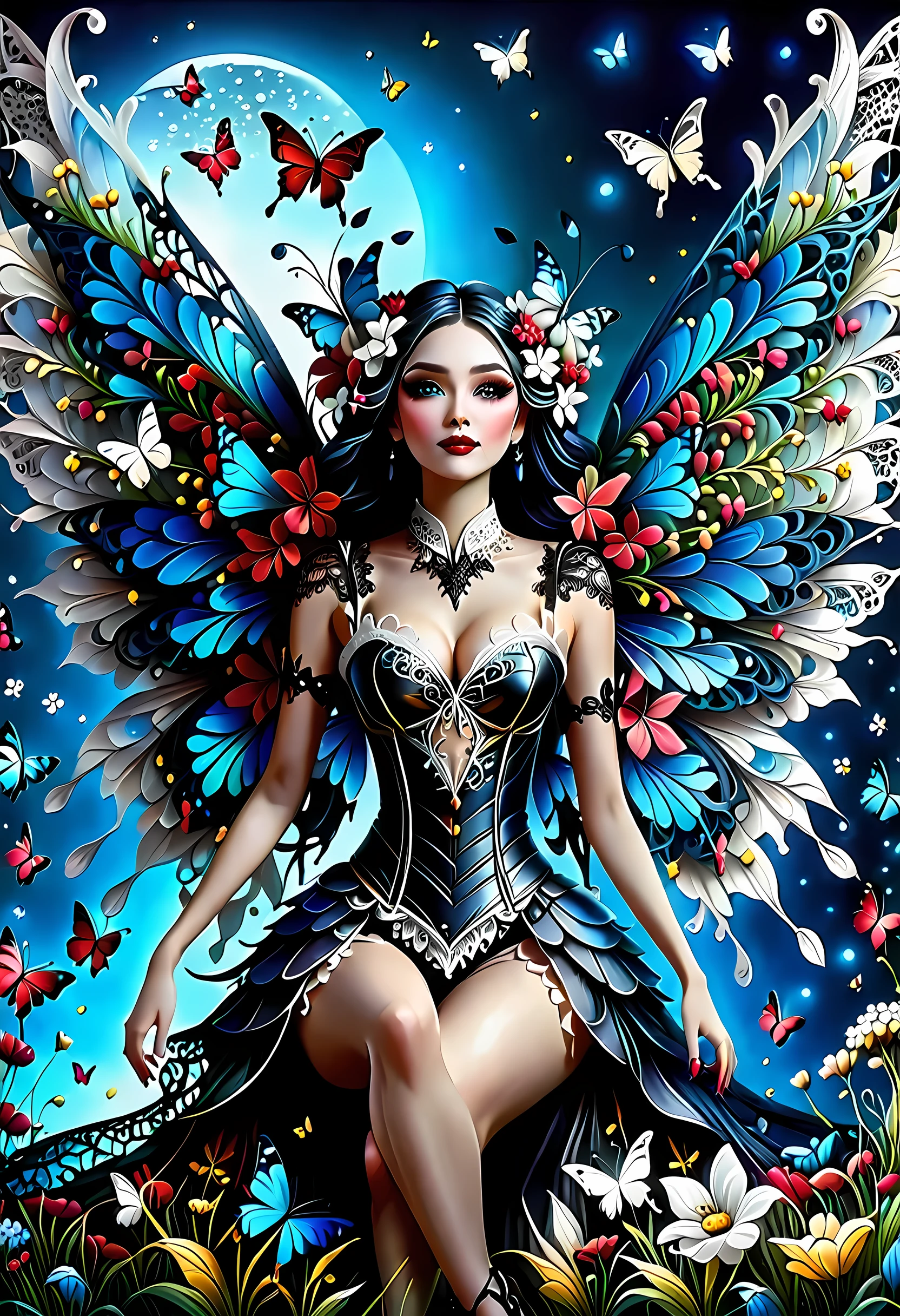 high details, best quality, 16k, RAW, [best detailed], masterpiece, best quality, (extremely detailed), full body, ultra wide shot, photorealistic, dark fantasy art, goth art, RPG art, D&D art, a picture of a dark female fairy resting in a flower meadow, extremely beautiful fairy, ultra feminine (intense details, Masterpiece, best quality), best detailed face (intense details, Masterpiece, best quality), having wide butterfly wings, spread butterfly wings (intense details, Masterpiece, best quality), dark colors wings (intense details, Masterpiece, best quality), black hair, long hair, shinning hair, flowing hair, shy smile, innocent smile, blue eyes, dark red lips, wearing ((white: 1.5)) lace dress (intense details, Masterpiece, best quality), ((white lace: 1.5)) corset (intense details, Masterpiece, best quality), dynamic elegant shirt, chocker, wearing high heels, in dark colored flower meadow (intense details, Masterpiece, best quality), (red flowers: 1.2) , (black flowers: 1.2), (white flowers: 1.2), (blue flowers: 1.3) [extreme many flowers] (intense details, Masterpiece, best quality), dark colorful flowers (intense details, Masterpiece, best quality), flower meadow in a dark goth field background, dim light, cinematic light, High Detail, Ultra High Quality, High Resolution, 16K Resolution, Ultra HD Pictures, 3D rendering Ultra Realistic, Clear Details, Realistic Detail, Ultra High Definition, lace drawing, betmd, DonMF41ryW1ng5XL
