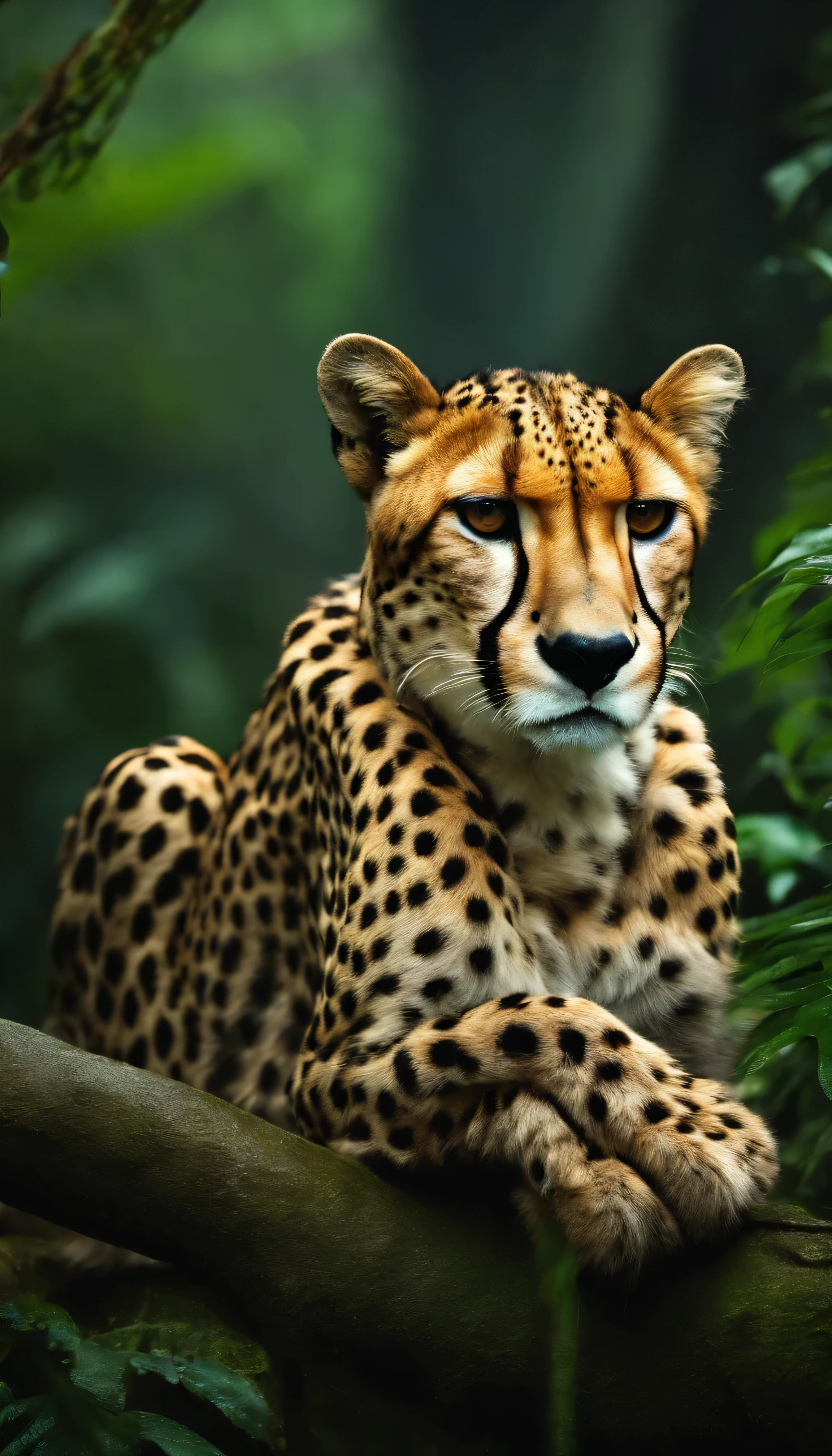 Wrathful cheetah in a rain forest sitting
