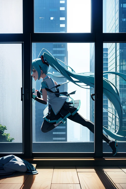 Hatsune Miku crashing into a windowpane