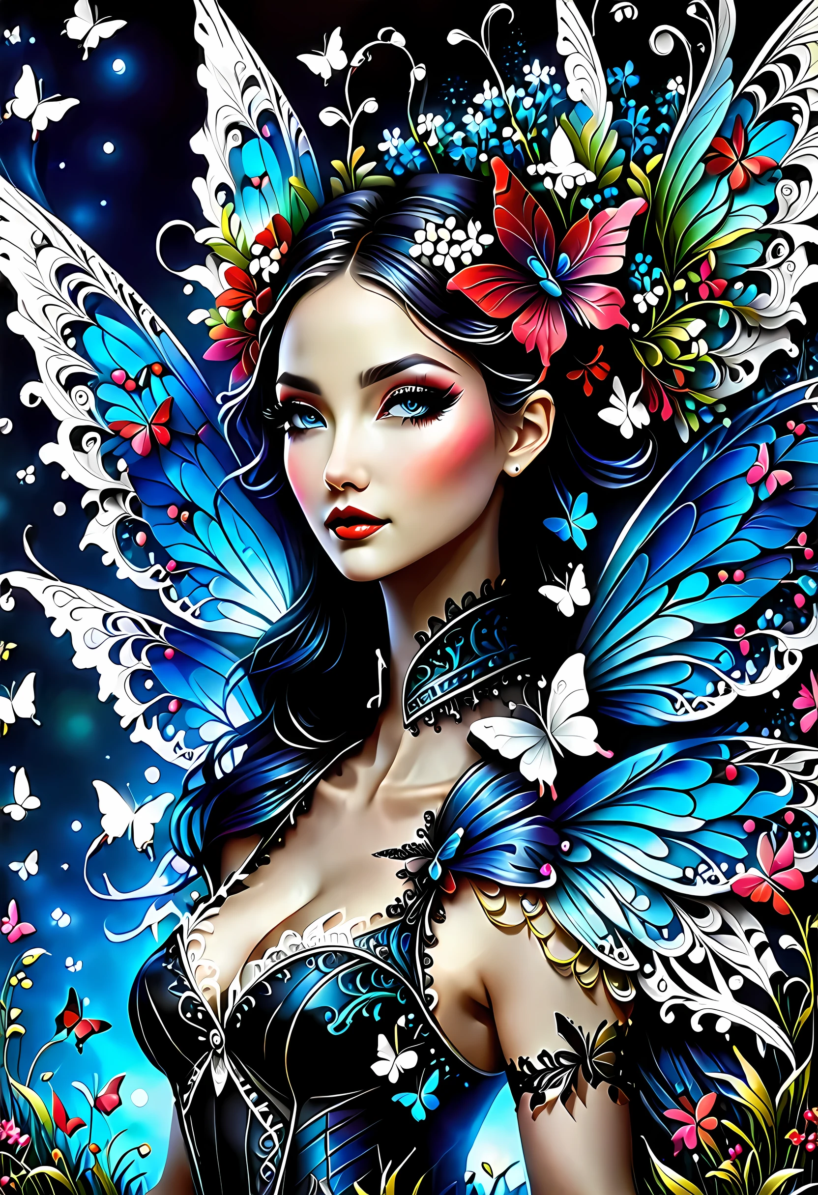 high details, best quality, 16k, RAW, [best detailed], masterpiece, best quality, (extremely detailed), full body, ultra wide shot, photorealistic, dark fantasy art, goth art, RPG art, D&D art, a picture of a dark female fairy resting in a flower meadow, extremely beautiful fairy, ultra feminine (intense details, Masterpiece, best quality), best detailed face (intense details, Masterpiece, best quality), having wide butterfly wings, spread butterfly wings (intense details, Masterpiece, best quality), dark colors wings (intense details, Masterpiece, best quality), black hair, long hair, shinning hair, flowing hair, shy smile, innocent smile, blue eyes, dark red lips, wearing ((white: 1.5)) lace dress (intense details, Masterpiece, best quality), ((white lace: 1.5)) corset (intense details, Masterpiece, best quality), dynamic elegant shirt, chocker, wearing high heels, in dark colored flower meadow (intense details, Masterpiece, best quality), (red flowers: 1.2) , (black flowers: 1.2), (white flowers: 1.2), (blue flowers: 1.3) [extreme many flowers] (intense details, Masterpiece, best quality), dark colorful flowers (intense details, Masterpiece, best quality), flower meadow in a dark goth field background, dim light, cinematic light, High Detail, Ultra High Quality, High Resolution, 16K Resolution, Ultra HD Pictures, 3D rendering Ultra Realistic, Clear Details, Realistic Detail, Ultra High Definition, lace drawing, betmd, DonMF41ryW1ng5XL
