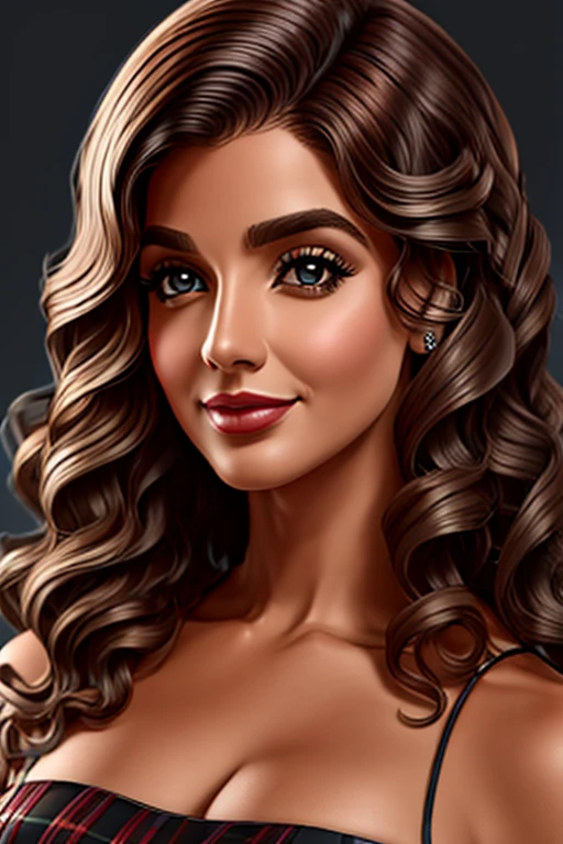 melhor qualidade)), ((Obra de arte)), ((realista)), (detalhado), detalhado face,vestindo camisa escolar justa com decote grande , mini saia tartan muito curta, salto alto ,linda mulher (20 anos de idade, cabelo preto muito longo e grosso, grandes olhos castanhos) corpo definido, detalhado, ((( seios grandes)))