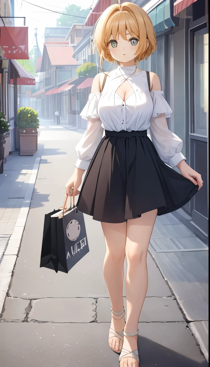 One Girl、positive、Standing posture、Full body portrait、、blush、Absolute area、No panties、No bra、barefoot、Light blue dress、Off-the-shoulder dress、（Very large breasts）、Cleavage、((Lesbians around the world))、masterpiece、（highest quality）、、White heel sandals、Shirt buttons fly off、Unbutton your shirt、Exposing the breasts、Shopping Street、Skirt Front Lift