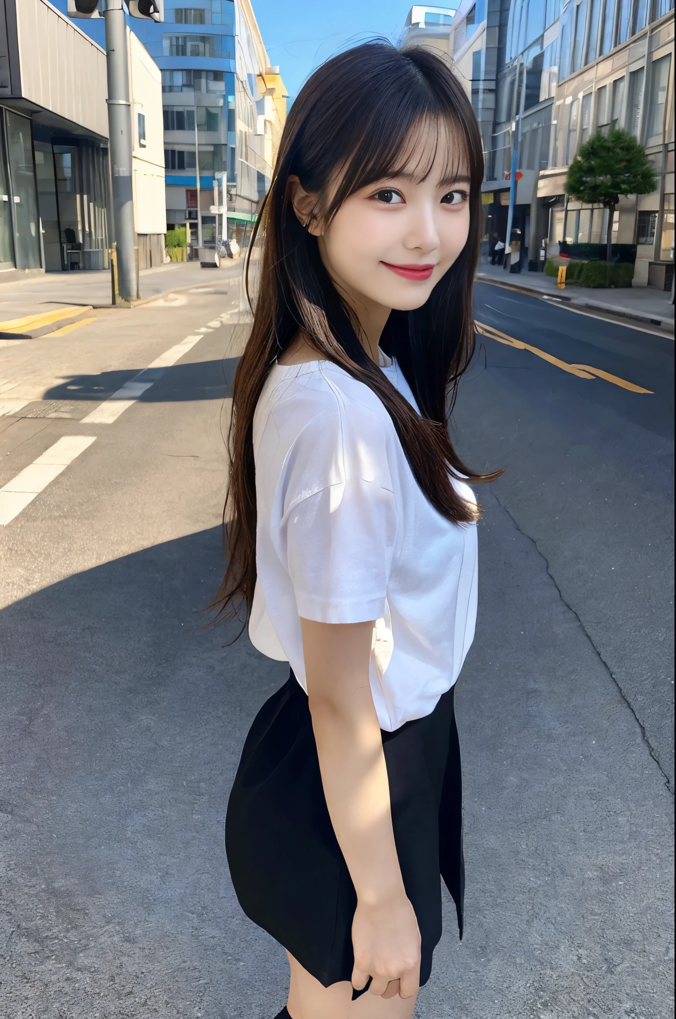 (Full Body:1.4), (Masterpiece, Top quality, Ultra High Definition, 8K),(realistic, photo-realistic:1.4), (1 cute Japanese woman:1.2), age 18, (round face, moon face:1.3), Shiny Hair, Straight Hair, (Absurdly Long Hair:1.3), glossy lips, flawless skin, T-shirt, Mini skirt, Black socks, Shoes, Giddy Smile, Natural Light, From Behind, at Street, realhands,