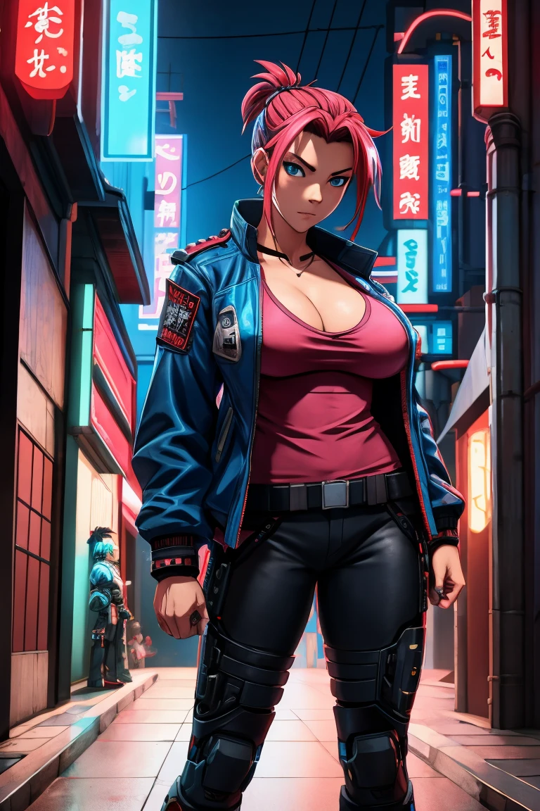 a girl Wearing a power fist on the right hand Holding a cyberpunk sword in his right hand red blue punk head big breasts cyberpunk shirt jacket Standing alone in a corner of the sci-fi city Japanese anime style role conception