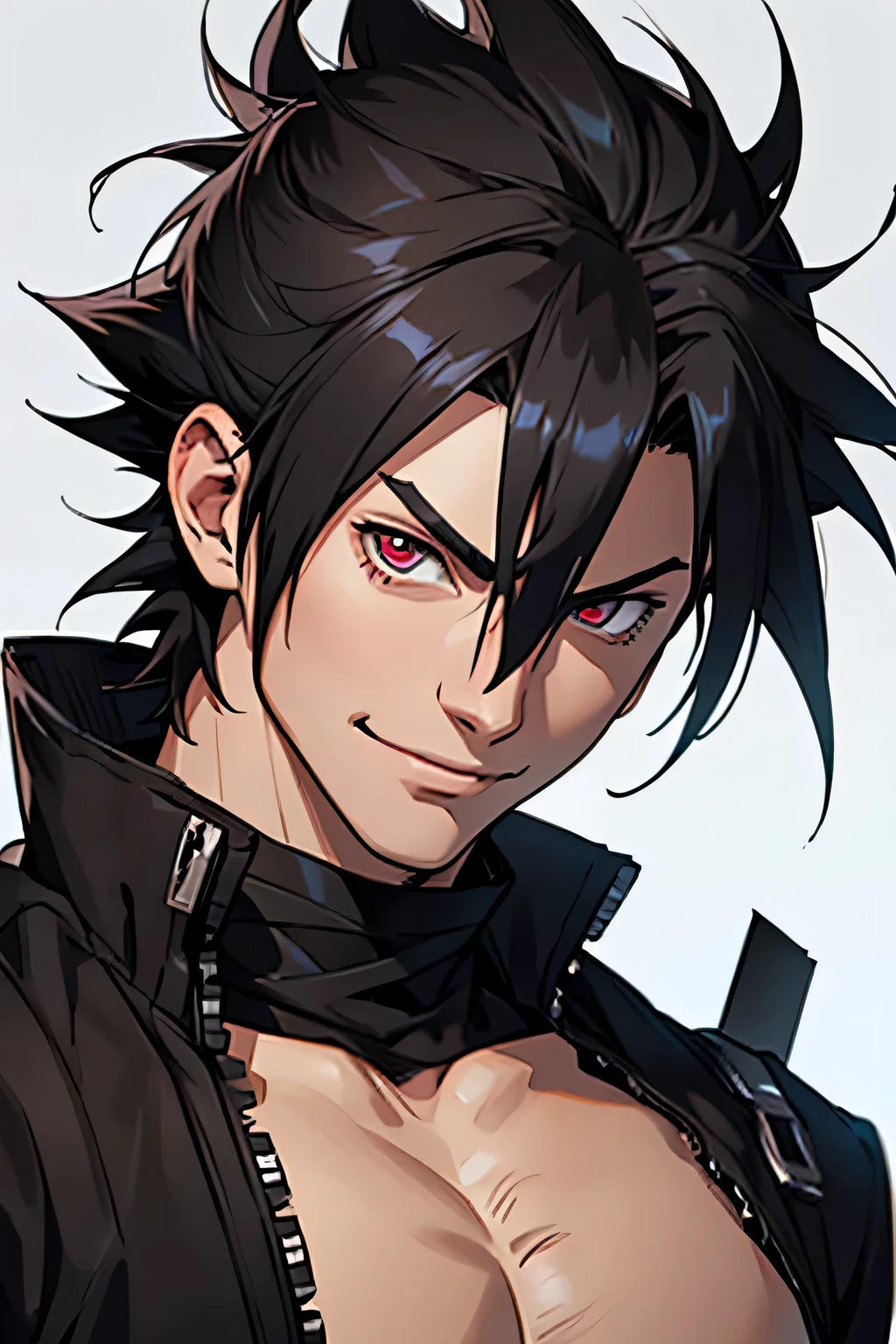 man, white skin, smile, strong, black spiky hair, anime style, sasuke style, sharingan