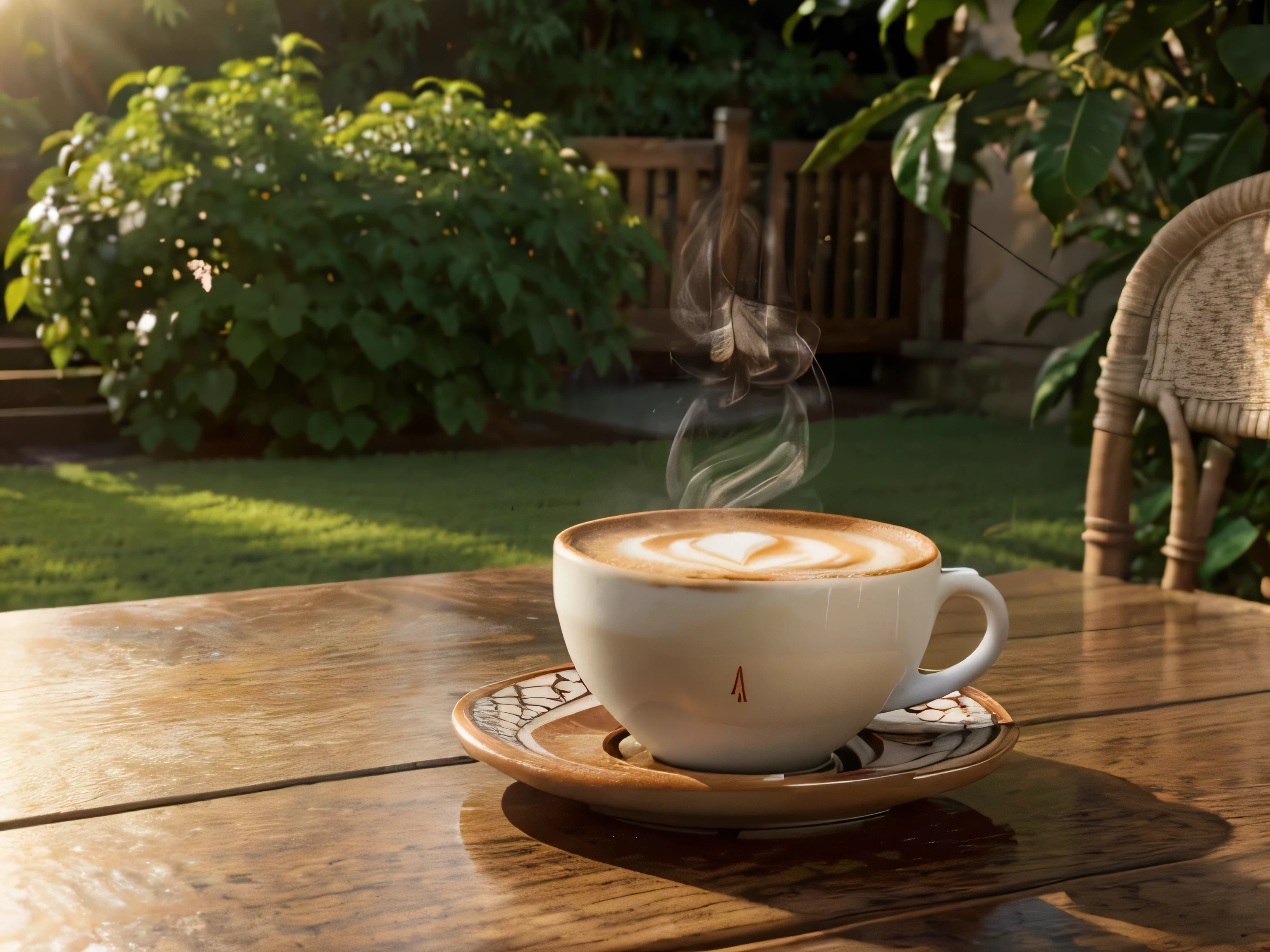 A cup of cappuccino that is still hot with smoke on top is placed on a patterned wooden table. tea garden background with morning sunlight starting to appear. looks very beautiful. High image resolution, focus and detail