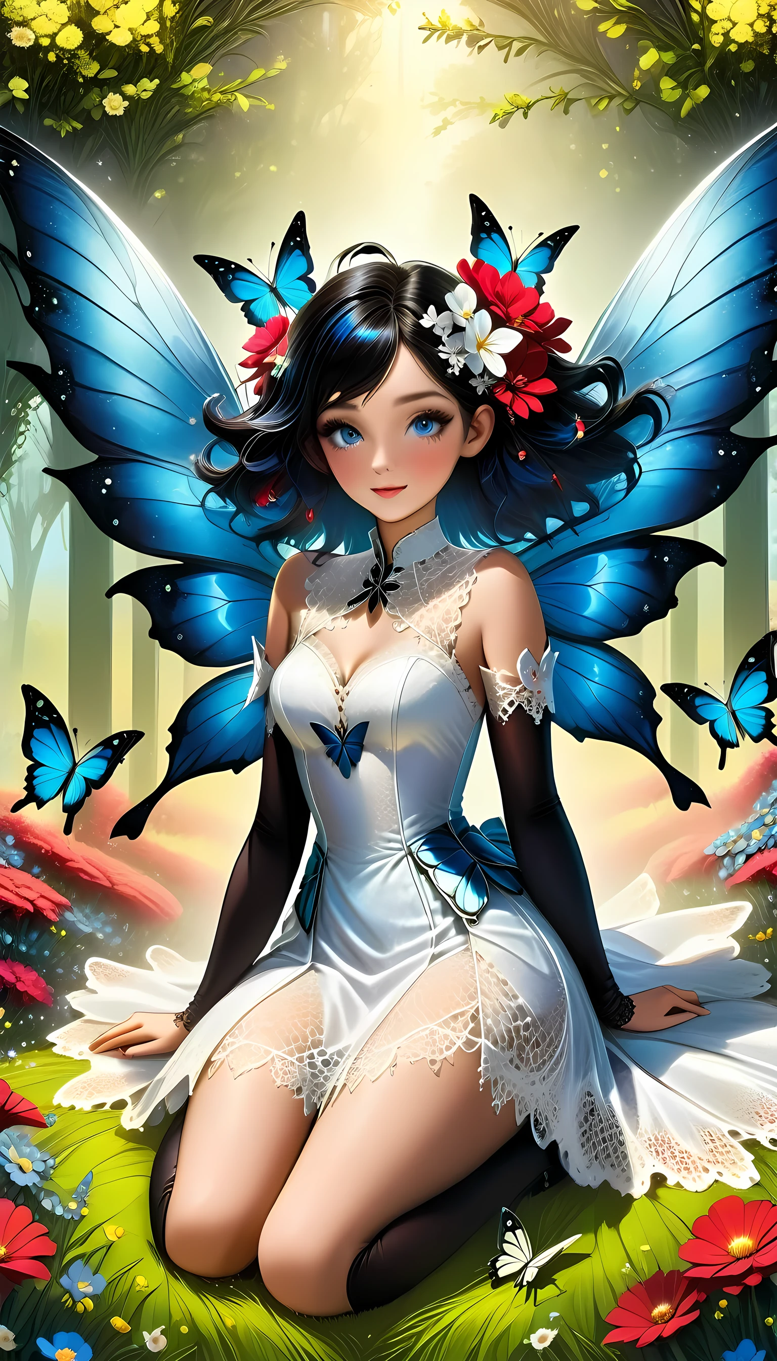 high details, best quality, 16k, RAW, [best detailed], masterpiece, best quality, (extremely detailed), full body, ultra wide shot, photorealistic, dark fantasy art, goth art, RPG art, D&D art, a picture of a dark female fairy resting in a flower meadow, extremely beautiful fairy, ultra feminine (intense details, Masterpiece, best quality), best detailed face (intense details, Masterpiece, best quality), having wide butterfly wings, spread butterfly wings (intense details, Masterpiece, best quality), dark colors wings (intense details, Masterpiece, best quality), black hair, long hair, shinning hair, flowing hair, shy smile, innocent smile, blue eyes, dark red lips, wearing ((white: 1.5)) lace dress (intense details, Masterpiece, best quality), ((white lace: 1.5)) corset (intense details, Masterpiece, best quality), dynamic elegant shirt, chocker, wearing high heels, in dark colored flower meadow (intense details, Masterpiece, best quality), (red flowers: 1.2) , (black flowers: 1.2), (white flowers: 1.2), (blue flowers: 1.3) [extreme many flowers] (intense details, Masterpiece, best quality), dark colorful flowers (intense details, Masterpiece, best quality), flower meadow in a dark goth field background, dim light, cinematic light, High Detail, Ultra High Quality, High Resolution, 16K Resolution, Ultra HD Pictures, 3D rendering Ultra Realistic, Clear Details, Realistic Detail, Ultra High Definition, lace drawing, betmd, DonMF41ryW1ng5XL
