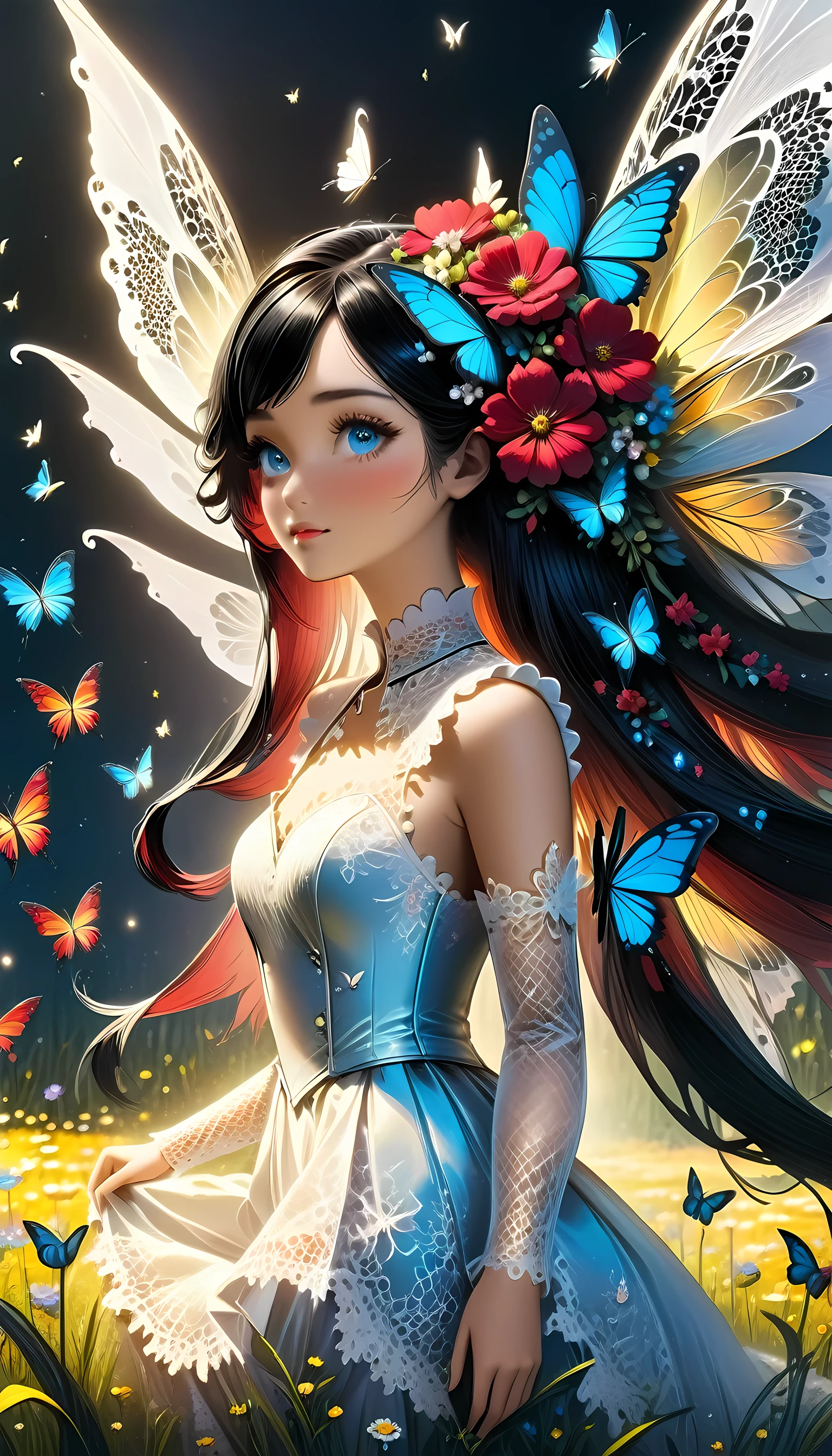 high details, best quality, 16k, RAW, [best detailed], masterpiece, best quality, (extremely detailed), full body, ultra wide shot, photorealistic, dark fantasy art, goth art, RPG art, D&D art, a picture of a dark female fairy resting in a flower meadow, extremely beautiful fairy, ultra feminine (intense details, Masterpiece, best quality), best detailed face (intense details, Masterpiece, best quality), having wide butterfly wings, spread butterfly wings (intense details, Masterpiece, best quality), dark colors wings (intense details, Masterpiece, best quality), black hair, long hair, shinning hair, flowing hair, shy smile, innocent smile, blue eyes, dark red lips, wearing ((white: 1.5)) lace dress (intense details, Masterpiece, best quality), ((white lace: 1.5)) corset (intense details, Masterpiece, best quality), dynamic elegant shirt, chocker, wearing high heels, in dark colored flower meadow (intense details, Masterpiece, best quality), (red flowers: 1.2) , (black flowers: 1.2), (white flowers: 1.2), (blue flowers: 1.3) [extreme many flowers] (intense details, Masterpiece, best quality), dark colorful flowers (intense details, Masterpiece, best quality), flower meadow in a dark goth field background, dim light, cinematic light, High Detail, Ultra High Quality, High Resolution, 16K Resolution, Ultra HD Pictures, 3D rendering Ultra Realistic, Clear Details, Realistic Detail, Ultra High Definition, lace drawing, betmd, DonMF41ryW1ng5XL
