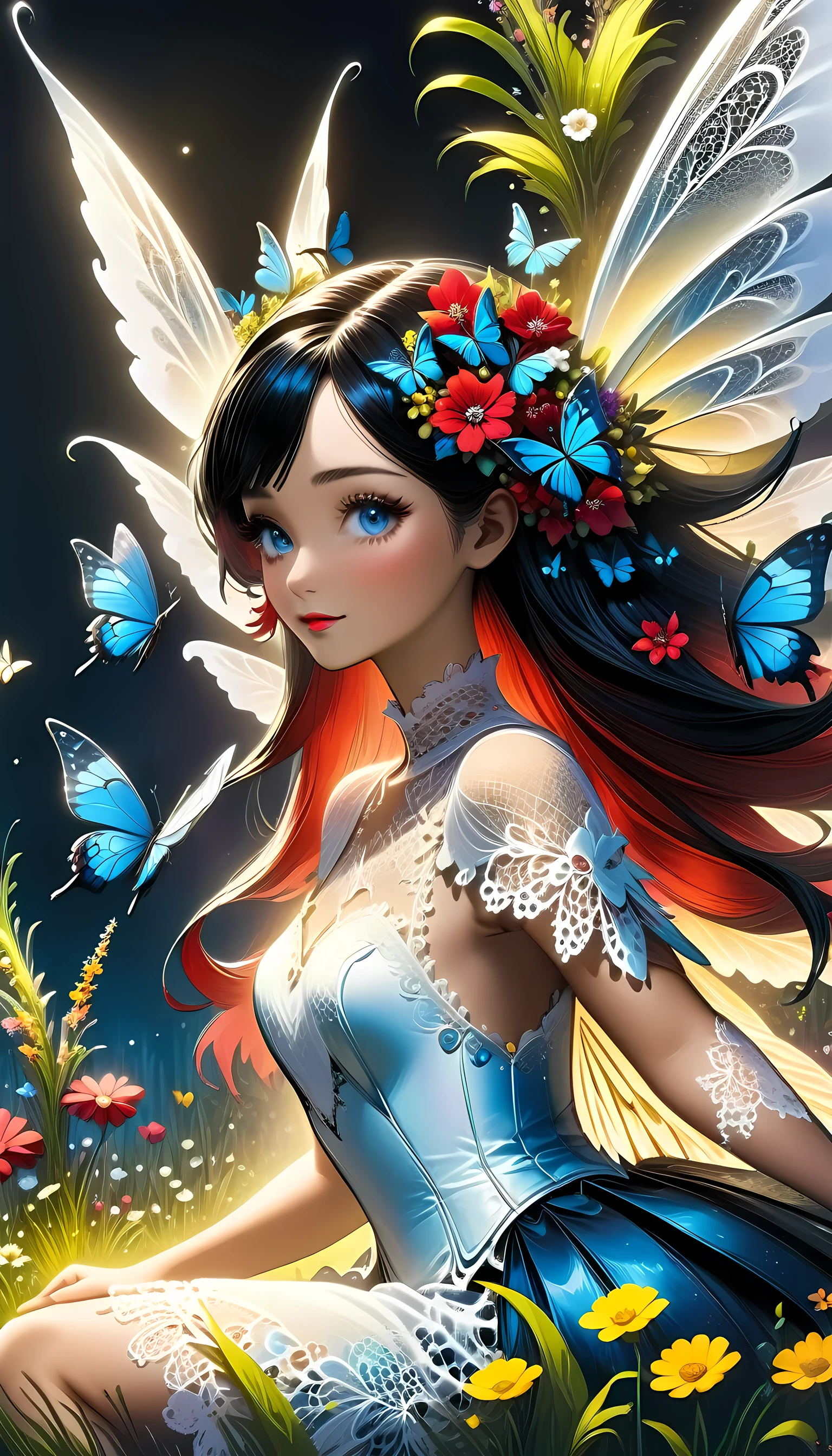 high details, best quality, 16k, RAW, [best detailed], masterpiece, best quality, (extremely detailed), full body, ultra wide shot, photorealistic, dark fantasy art, goth art, RPG art, D&D art, a picture of a dark female fairy resting in a flower meadow, extremely beautiful fairy, ultra feminine (intense details, Masterpiece, best quality), best detailed face (intense details, Masterpiece, best quality), having wide butterfly wings, spread butterfly wings (intense details, Masterpiece, best quality), dark colors wings (intense details, Masterpiece, best quality), black hair, long hair, shinning hair, flowing hair, shy smile, innocent smile, blue eyes, dark red lips, wearing ((white: 1.5)) lace dress (intense details, Masterpiece, best quality), ((white lace: 1.5)) corset (intense details, Masterpiece, best quality), dynamic elegant shirt, chocker, wearing high heels, in dark colored flower meadow (intense details, Masterpiece, best quality), (red flowers: 1.2) , (black flowers: 1.2), (white flowers: 1.2), (blue flowers: 1.3) [extreme many flowers] (intense details, Masterpiece, best quality), dark colorful flowers (intense details, Masterpiece, best quality), flower meadow in a dark goth field background, dim light, cinematic light, High Detail, Ultra High Quality, High Resolution, 16K Resolution, Ultra HD Pictures, 3D rendering Ultra Realistic, Clear Details, Realistic Detail, Ultra High Definition, lace drawing, betmd, DonMF41ryW1ng5XL
