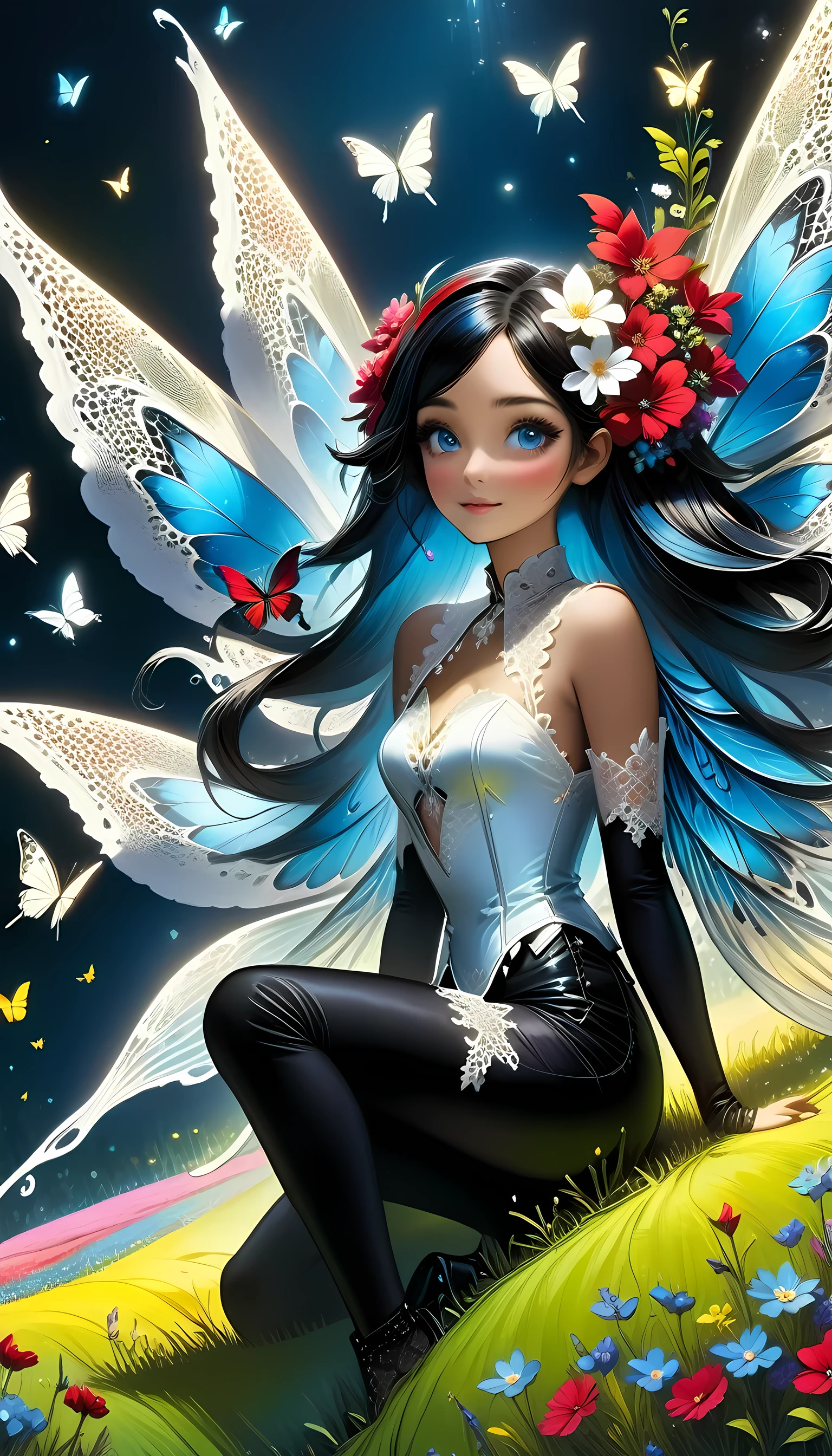 high details, best quality, 16k, RAW, [best detailed], masterpiece, best quality, (extremely detailed), full body, ultra wide shot, photorealistic, dark fantasy art, goth art, RPG art, D&D art, a picture of a dark female fairy resting in a flower meadow, extremely beautiful fairy, ultra feminine (intense details, Masterpiece, best quality), best detailed face (intense details, Masterpiece, best quality), having wide butterfly wings, spread butterfly wings (intense details, Masterpiece, best quality), dark colors wings (intense details, Masterpiece, best quality), black hair, long hair, shinning hair, flowing hair, shy smile, innocent smile, blue eyes, dark red lips, wearing ((white: 1.5)) lace dress (intense details, Masterpiece, best quality), ((white lace: 1.5)) corset (intense details, Masterpiece, best quality), dynamic elegant shirt, chocker, wearing high heels, in dark colored flower meadow (intense details, Masterpiece, best quality), (red flowers: 1.2) , (black flowers: 1.2), (white flowers: 1.2), (blue flowers: 1.3) [extreme many flowers] (intense details, Masterpiece, best quality), dark colorful flowers (intense details, Masterpiece, best quality), flower meadow in a dark goth field background, dim light, cinematic light, High Detail, Ultra High Quality, High Resolution, 16K Resolution, Ultra HD Pictures, 3D rendering Ultra Realistic, Clear Details, Realistic Detail, Ultra High Definition, lace drawing, betmd, DonMF41ryW1ng5XL
