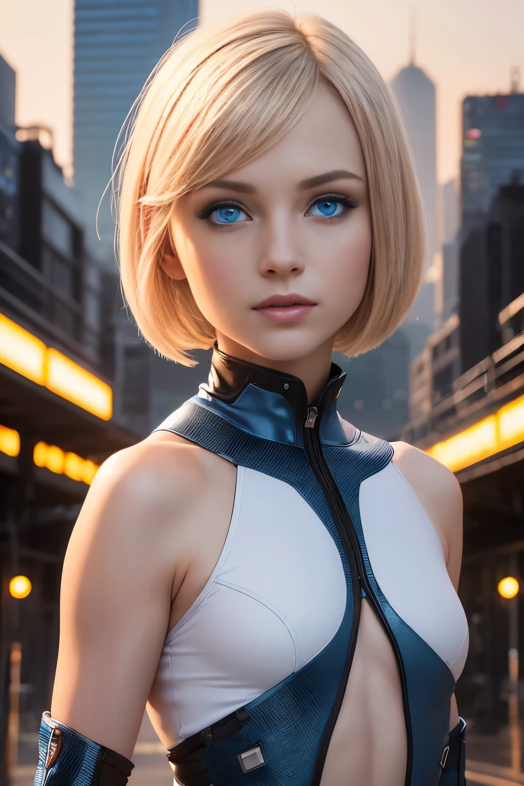 close up portrait, 1 girl, solo, top model 18 y.o, blonde bob hair cut, seductive, wearing a space astronaut bodysuit, (detailed face), exploring an exotic jungle, ((sci-fi city in the background)), dynamic lighting, hyperdetailed, intricately detailed, Splash art, trending on Artstation, sunset, cinemactic light, smiling, ((perfect female body)), (cute face make up), (beautiful detailed blue eyes: 1.6), (photo realistic eyes: 1.6), happy, Ukrainian, (petite body), ((small hips)), pale white skin, photo realistic