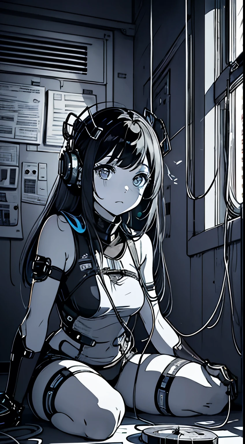 Japanese 10-year-old girl, long hair, big eyes, small mouth, wearing underwear, panties, showing skin, holding laser gun in both hands, shy, shy, sexy figure, mechanical clothes, mechanical clothes, cyberpunk style , inside the spaceship, complex, mechanical water pipes, wires and pipes everywhere. Full body, full body, poster, HD, detail, full body, sitting on the floorFoto realista, cinemactic, alta calidad, Chica Cyberpunk sentada frente a una computadora, in an abandoned room with cables and pipes, un ventilador de pared industrial, una ventana con una ciudad ciberpunk, ambiente oscuro, estilo matrix, estilo blade runner, cluttered room, computadoras y servidores, cables and pipes, ambiente industrial, neblina.