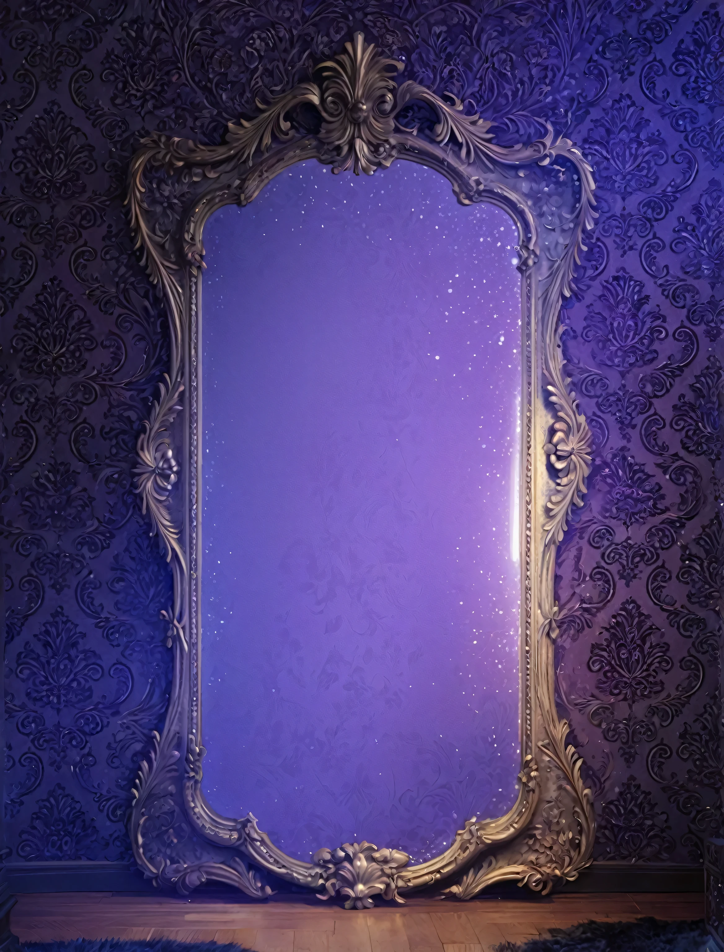 masterpiece, storybook style, highly detailed, masterpiece, vintage mirror, victorian wallpaper, victorian era, beautiful, dark,violet and blue light, standing on the floor