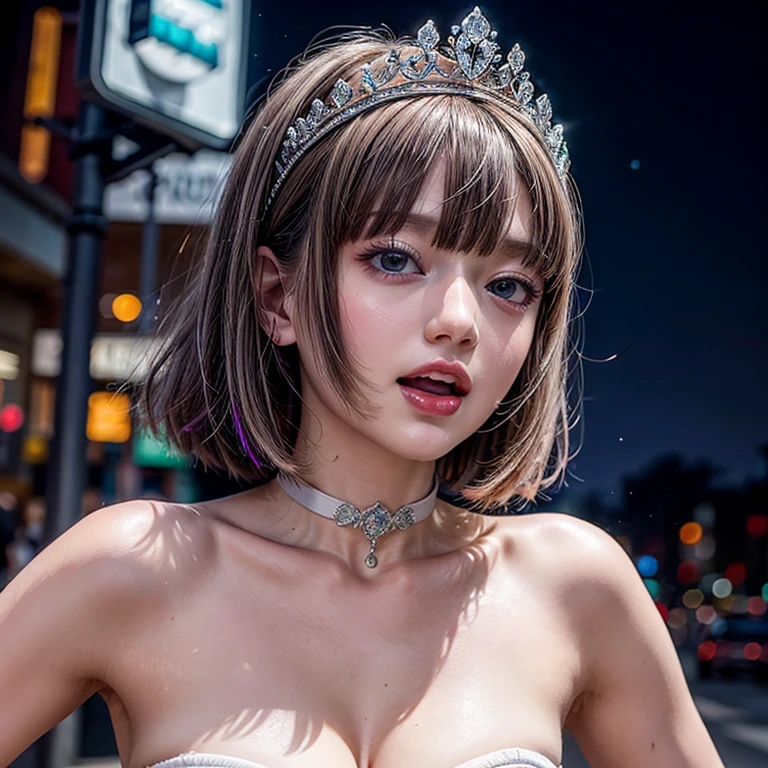 masterpiece of professional Analog photo, realistic and photorealistic with touch of rawness, (a close-up portrait of a tiny princess wearing white thongs on a city street), Dusk violet Sky, intricate lighting effects with light particles, (many colorful lights dazzling bokeh), Traffic lights, a crowd of fashionable street girls in the background, { Childish | Gigantic Cleavage }, (((NOGIZAKA))) Extremely Detailed very KAWAII face variation, perfect anatomy, captivating gaze, elaborate detailed Eyes with (sparkling highlights:1.2), long eyelashes、Glossy RED Lips with beautiful details, Coquettish tongue, Rosy cheeks . (Dynamic joyful expressions), { pleasure in agony | Ecstasy | :D | screaming | Perplexed }, Mystic sight . hair and eye color is same color, { Red leather high collar | Red ribbon }, from diagonally angle. short bob, Tiny princess tiara .