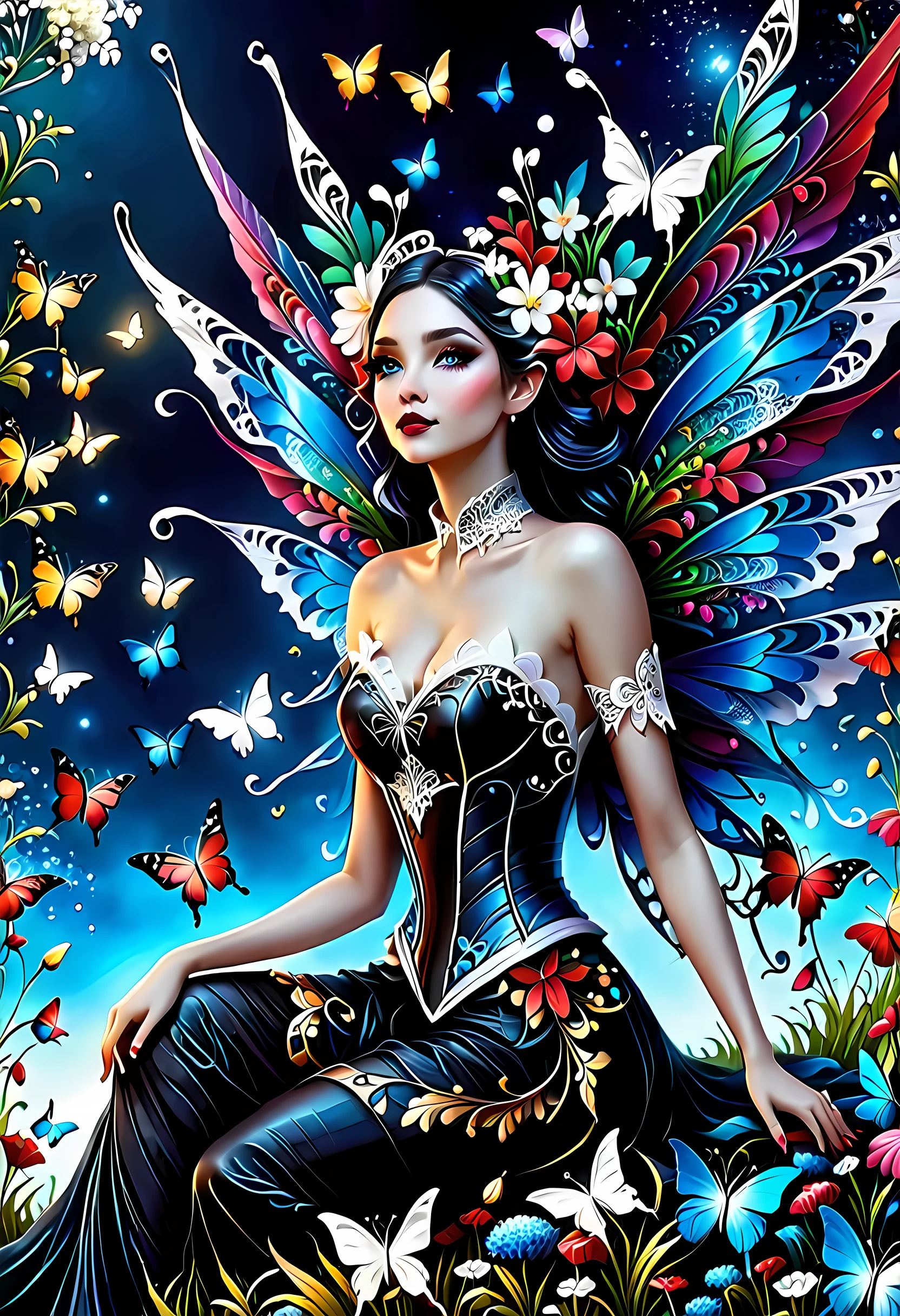 high details, best quality, 16k, RAW, [best detailed], masterpiece, best quality, (extremely detailed), full body, ultra wide shot, photorealistic, dark fantasy art, goth art, RPG art, D&D art, a picture of a dark female fairy resting in a flower meadow, extremely beautiful fairy, ultra feminine (intense details, Masterpiece, best quality), best detailed face (intense details, Masterpiece, best quality), having wide butterfly wings, spread butterfly wings (intense details, Masterpiece, best quality), dark colors wings (intense details, Masterpiece, best quality), black hair, long hair, shinning hair, flowing hair, shy smile, innocent smile, blue eyes, dark red lips, wearing ((white: 1.5)) lace dress (intense details, Masterpiece, best quality), ((white lace: 1.5)) corset (intense details, Masterpiece, best quality), dynamic elegant shirt, chocker, wearing high heels, in dark colored flower meadow (intense details, Masterpiece, best quality), (red flowers: 1.2) , (black flowers: 1.2), (white flowers: 1.2), (blue flowers: 1.3) [extreme many flowers] (intense details, Masterpiece, best quality), dark colorful flowers (intense details, Masterpiece, best quality), flower meadow in a dark goth field background, dim light, cinematic light, High Detail, Ultra High Quality, High Resolution, 16K Resolution, Ultra HD Pictures, 3D rendering Ultra Realistic, Clear Details, Realistic Detail, Ultra High Definition, lace drawing, betmd, DonMF41ryW1ng5XL
