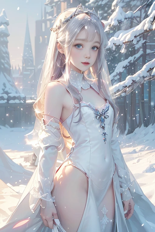 ((Highest quality))((Delicate details))((Slender girl))((Highest quality))Snow White、Princess、((Distinguished adult woman))、Late Night、((Small breasts))White long dress、((Powdery snow weather))((White garter stockings))((Giant snow castle))Snowfield、((Standing in a snowy field))、((Pure white skin))((Very gorgeous crystal necklace))((A slim, skin-tight dress))((Snowy Night))Crystal of snow