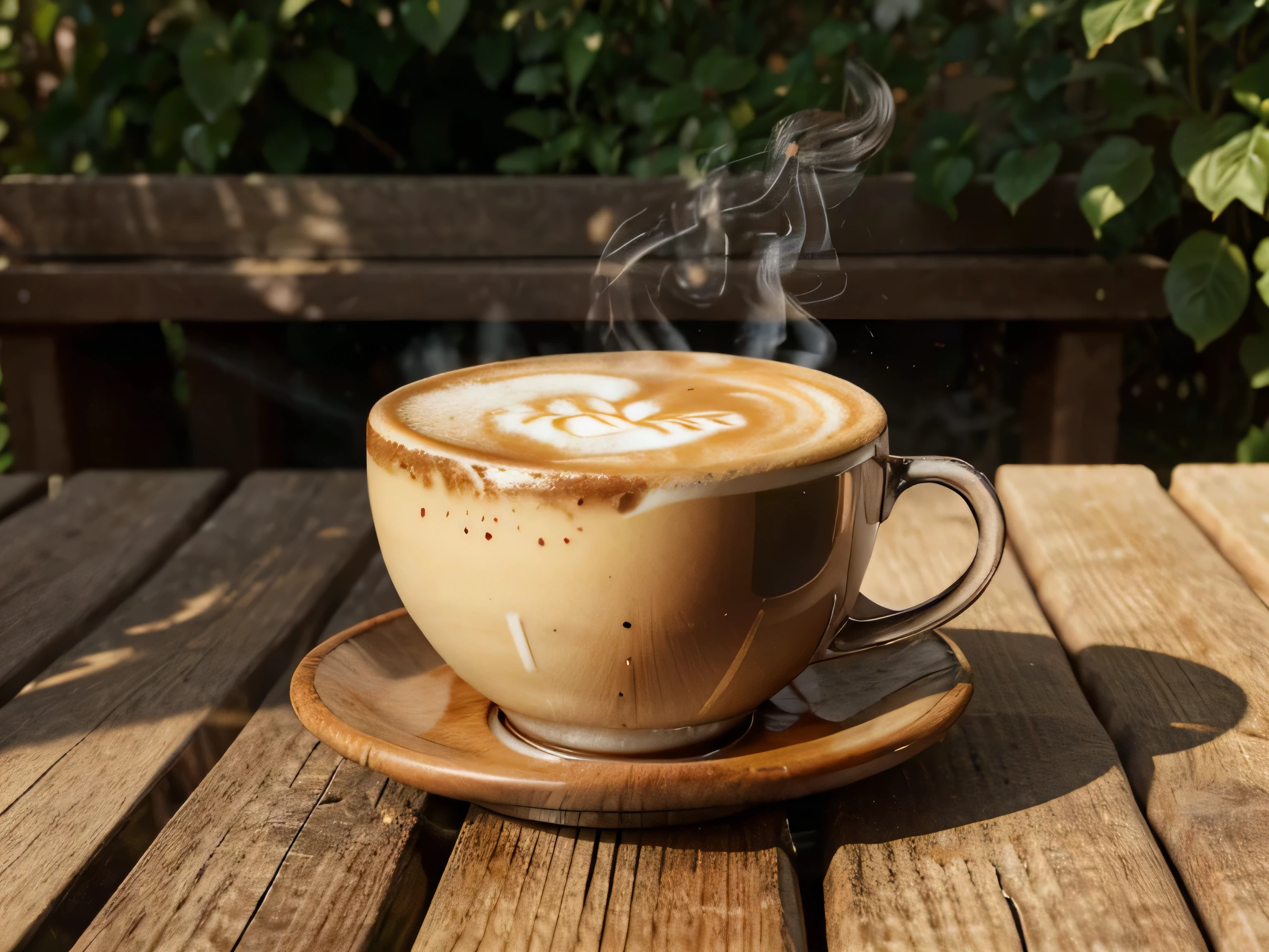 A cup of cappuccino that is still hot with smoke on top is placed on a patterned wooden table. tea garden background with morning sunlight starting to appear. looks very beautiful. High image resolution, focus and detail