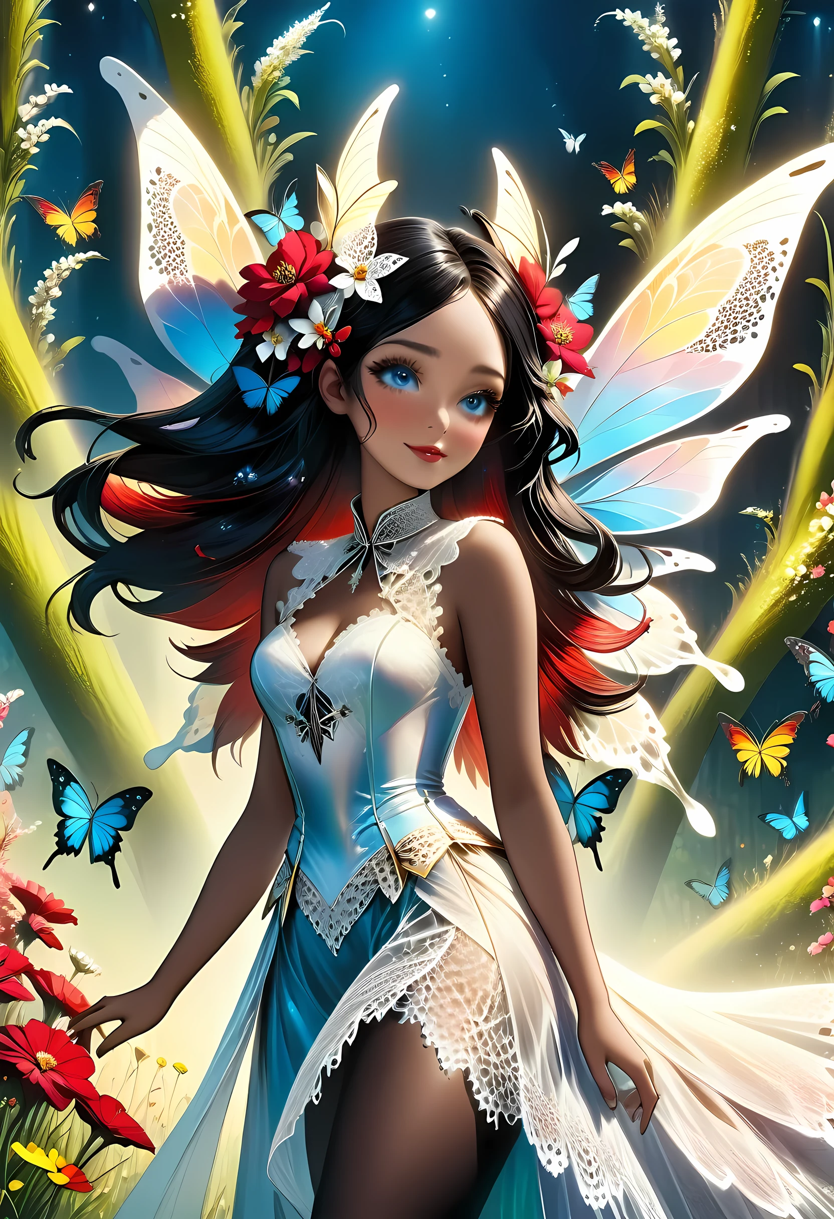 high details, best quality, 16k, RAW, [best detailed], masterpiece, best quality, (extremely detailed), full body, ultra wide shot, photorealistic, dark fantasy art, goth art, RPG art, D&D art, a picture of a dark female fairy resting in a flower meadow, extremely beautiful fairy, ultra feminine (intense details, Masterpiece, best quality), best detailed face (intense details, Masterpiece, best quality), having wide butterfly wings, spread butterfly wings (intense details, Masterpiece, best quality), dark colors wings (intense details, Masterpiece, best quality), black hair, long hair, shinning hair, flowing hair, shy smile, innocent smile, blue eyes, dark red lips, wearing ((white: 1.5)) lace dress (intense details, Masterpiece, best quality), ((white lace: 1.5)) corset (intense details, Masterpiece, best quality), dynamic elegant shirt, chocker, wearing high heels, in dark colored flower meadow (intense details, Masterpiece, best quality), (red flowers: 1.2) , (black flowers: 1.2), (white flowers: 1.2), (blue flowers: 1.3) [extreme many flowers] (intense details, Masterpiece, best quality), dark colorful flowers (intense details, Masterpiece, best quality), flower meadow in a dark goth field background, dim light, cinematic light, High Detail, Ultra High Quality, High Resolution, 16K Resolution, Ultra HD Pictures, 3D rendering Ultra Realistic, Clear Details, Realistic Detail, Ultra High Definition, lace drawing, betmd, DonMF41ryW1ng5XL
