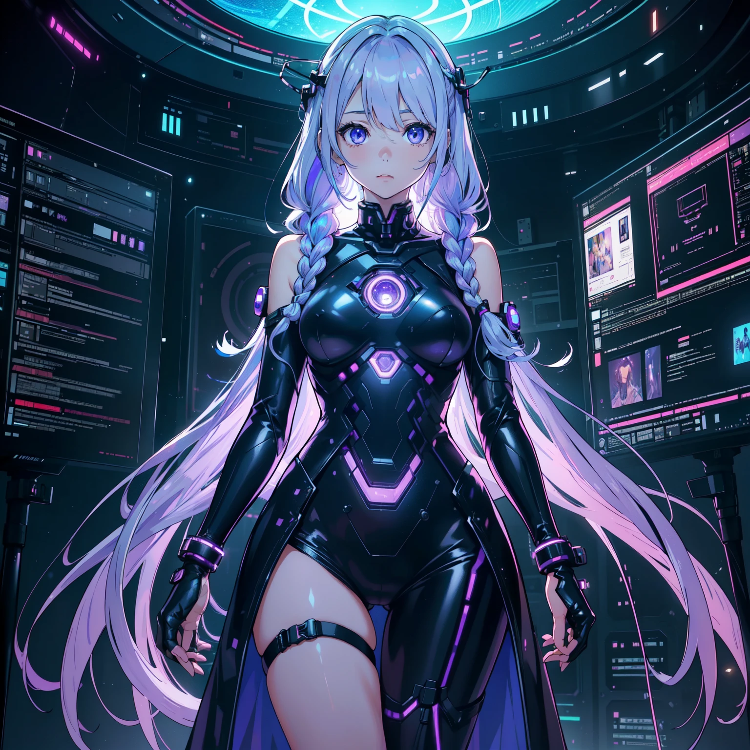 highest quality, 8k, High resolutionアート, High resolution, Super detailed, Very detailed, Cyberspace、((Two women))、((Female researcher and cryptic girl))、(Female researcher looking at cryptic girl、Female researchers are the 20th century style、Wearing a white coat)、(A cryptic girl in a transparent artificial womb、Floating in amniotic fluid、Natural standing posture)、(Numerous digital wires connect the girl from the uterus、Glowing Wiring、Wiring is as follows:々It emits a variety of colors.)、(Open your eyes slightly、How I woke up)、(Purple white gradient twin long braided hair:1.2),Cyber Costume, Sci-Fi Costumes 、Huge monitor screen、