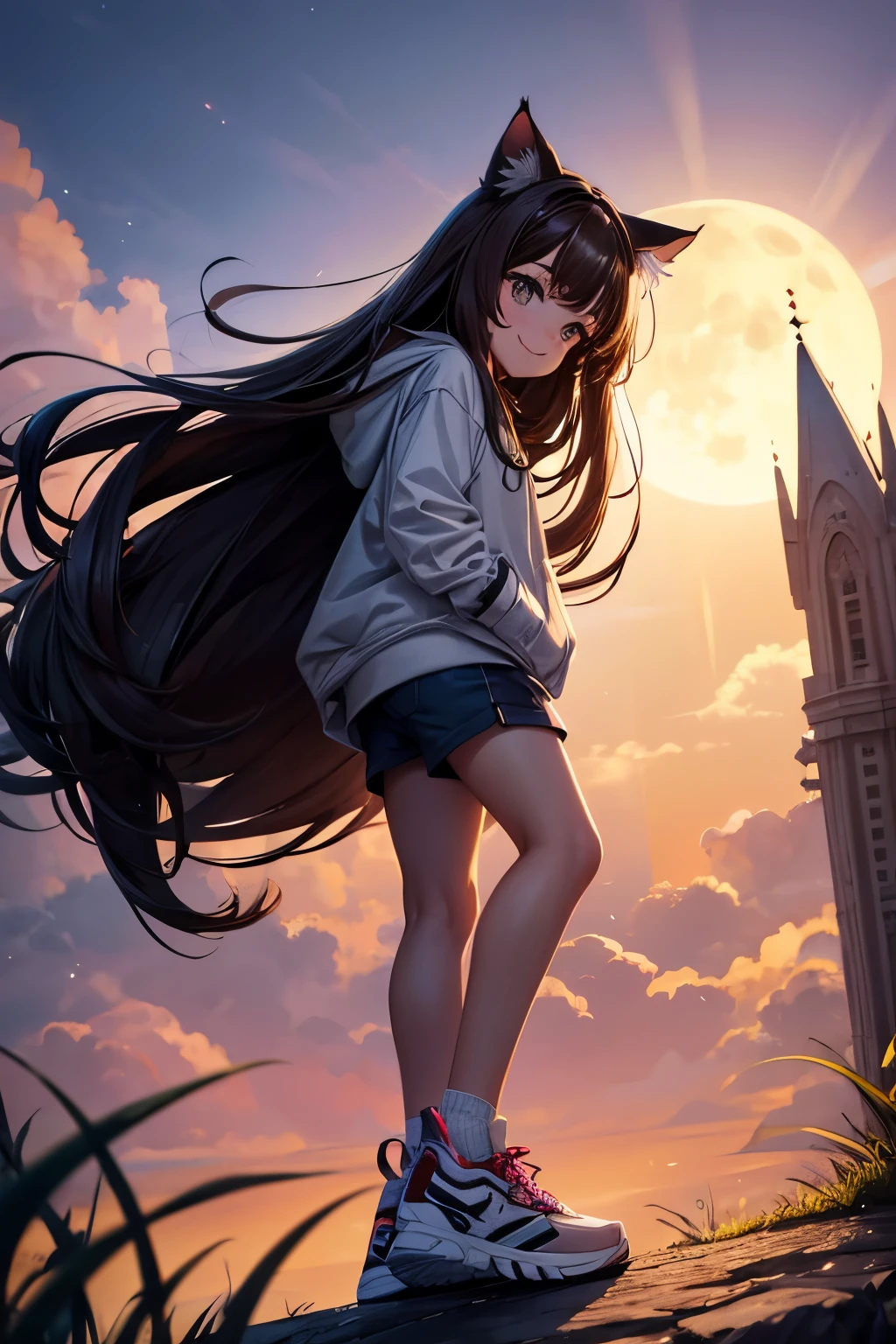 Best Quality, High Definition, Perfect Human Structure, Focus on Background, Glossy Hair, Cat Ear, Brown Hair, Cinematic Angle, From Below, Bobbed Hair, Dark Hair, Smiling, Ceiling, Gradient Eyes, Smooth Bangs, Cliff Top, Standing, Looking Down On City, Fight, Near Future, Night, Moon, Sunset, Hoodie, Shorts, Sneakers Description: grass, moon