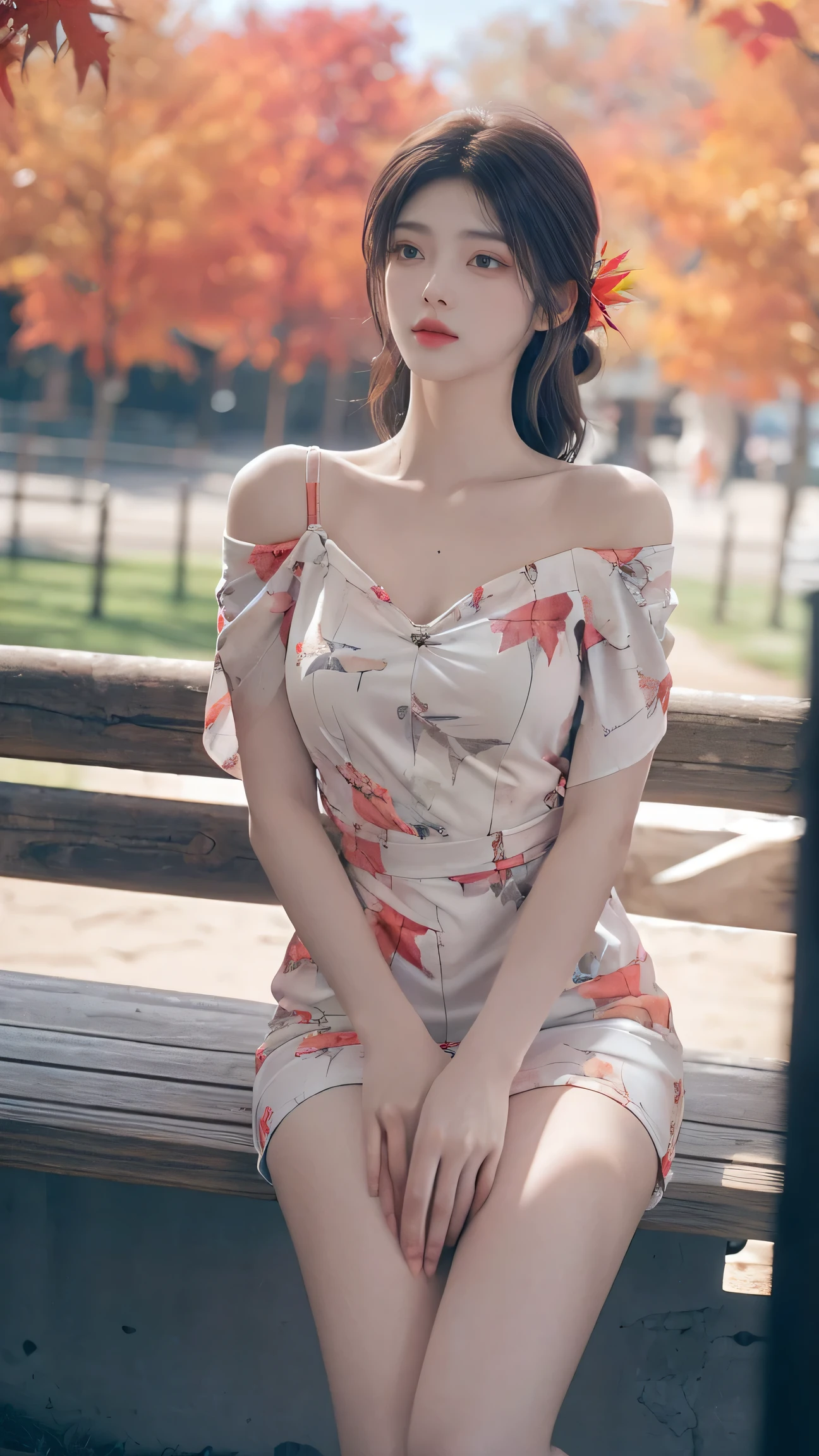 print dress, off shoulder,  fashi-girl. red lips, mature female, makeup, ((Random shooting angles)), (best quality, masterpiece:1.2), ultra-detailed, (realistic:1.37), beautiful, youthful, glamorous model with (detailed eyes, detailed lips, extremely detailed eyes), with white and floral colors, showcasing a radiant smile, slender figure, long legs, creating a breathtaking depiction of a girl enjoying the sunshine, Outdoor sports, the beach, on the pier, Warm tones, extremely high color saturation, official art, extremely detailed CG unified 8k wallpaper,(High dynamic range :1.4), (cinematic),(soft colors, dull colors, soothing tones :1.3), (natural skin texture, ultra-realistic, soft light, sharp),(very detailed), Evening, autumn, autumn maple leaves, professional lighting, leaning against the guardrail, looking into the distance