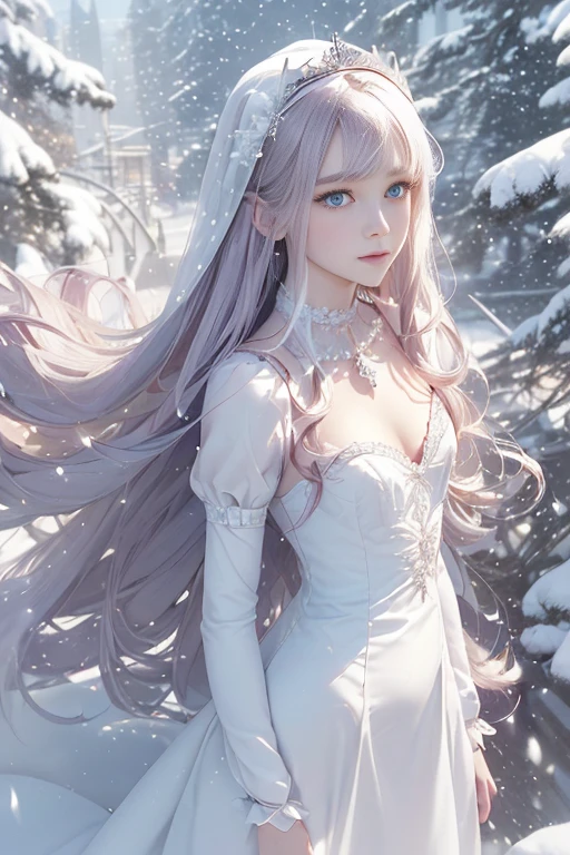 ((Highest quality))((Delicate details))((Slender girl))((Highest quality))Snow White、Princess、((Distinguished adult woman))、Late Night、((Small breasts))White long dress、((Powdery snow weather))((White garter stockings))((Giant snow castle))Snowfield、((Standing in a snowy field))、((Pure white skin))((Very gorgeous crystal necklace))((A slim, skin-tight dress))((Snowy Night))Crystal of snow