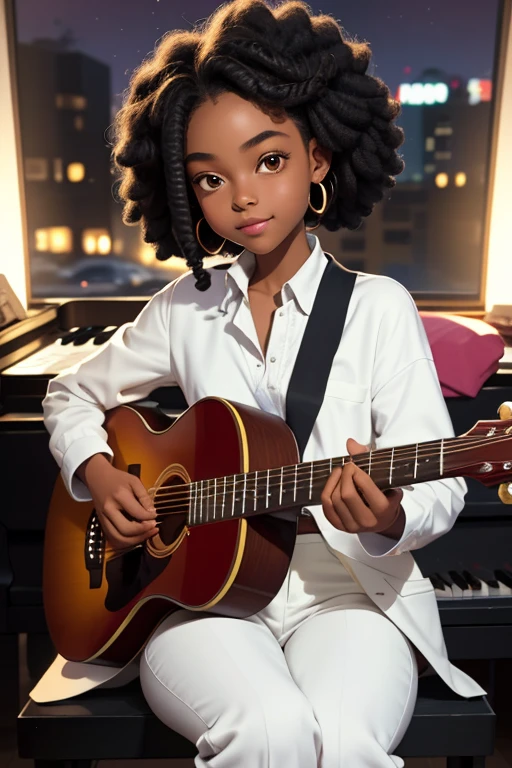 (masterpiece, best quality), deep ebony 1girl, beautiful face, short Afro braids , cute, , beautify, Lofi vibe,, cute night vibe, concentrated, hands outside of the picture, music studio, piano on the background, , dressed smartly black blazer, white shirt , white trousers , not sexy, cute look, clothing is dry and baggy, small breasts, vibe, cute smile, sitting next to a guitar