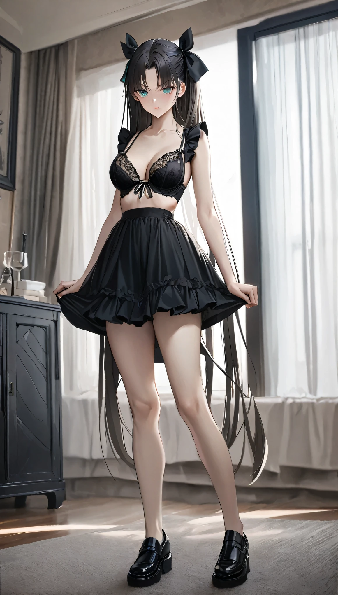 (masterpiece), best quality, expressive eyes, ultra detailed, intricate details, aqua eyes, black hair, long hair, black ribbons, sidelocks, parted bangs, rin tohsaka, black hair ribbons, two side up, wearing black bra, with maid skirt, posing, black bra, maid skirt, full body in shot, home background, revealing bra 