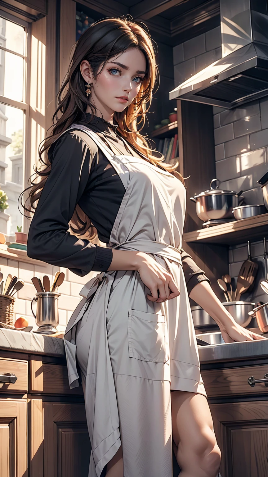 World Cup style, woman, Obscene pose, Captivating look, apron, kitchen, medieval setting