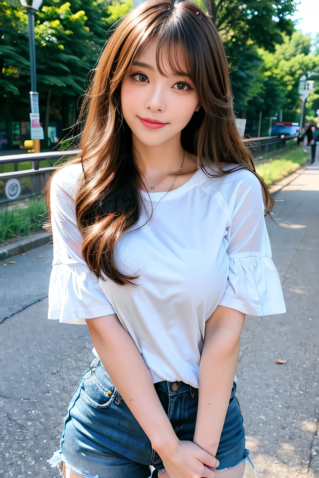((Full Body Angle))、((highest quality, 8K, masterpiece: 1.3)), concentrated: 1.2, Cute girl 1,Nipples erect、 Perfect beauty: 1.4,Cut and sewn T-shirt Raglan sleeve summer short sleeve T-shirt.Shorts: 1.2,Long sleeve、Randall Color、comics&Text Graphics、Black ruffle-trimmed drawstring zip blouse,1.1, Highly detailed face and skin textures, Fine grain, double eyelid, whitening skin, ,highest quality,Ultra-high resolution,you,1 girl,alone,_Shiny_skin,Iris,necklace,((Brown_length_Wavy_hair)),(lips)),eyelash,Front hair,deal with,compensate,Shiny,pore,skin texture,Large Breasts、smiling face、Front hair、River side、stroll、