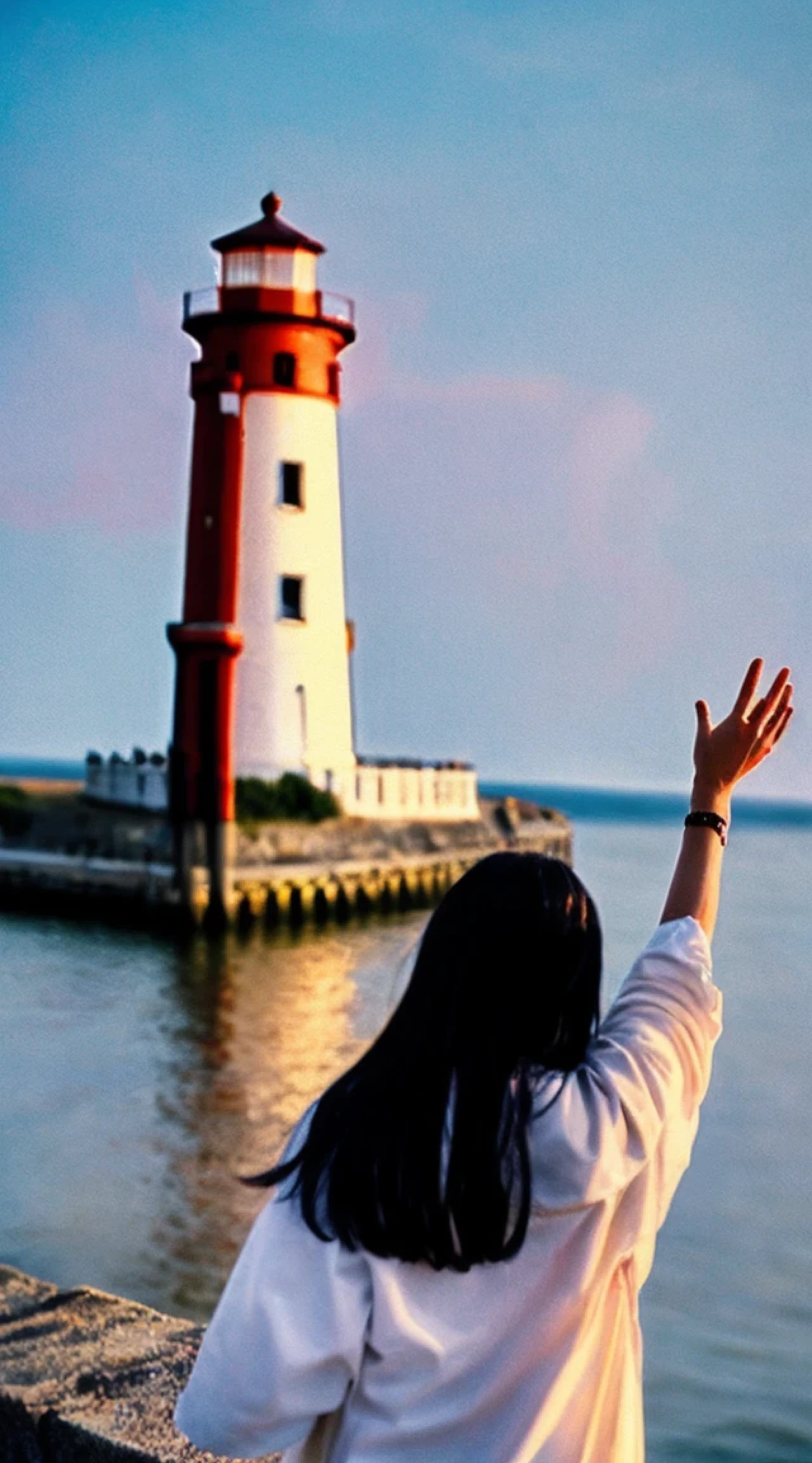 cinematic film still, 1girl, solo, little smile, beach,(sunset:1.1), akagi_rin(denchi-project), solo, star hair ornament, twin braids,sparkle, from behind, looking back, huge sunset,red floating, uniform, night, waving, sea, 1 lighthouse, . shallow depth of field, vignette, highly detailed, high budget, bokeh, cinemascope, moody, epic, gorgeous, film grain, grainy
