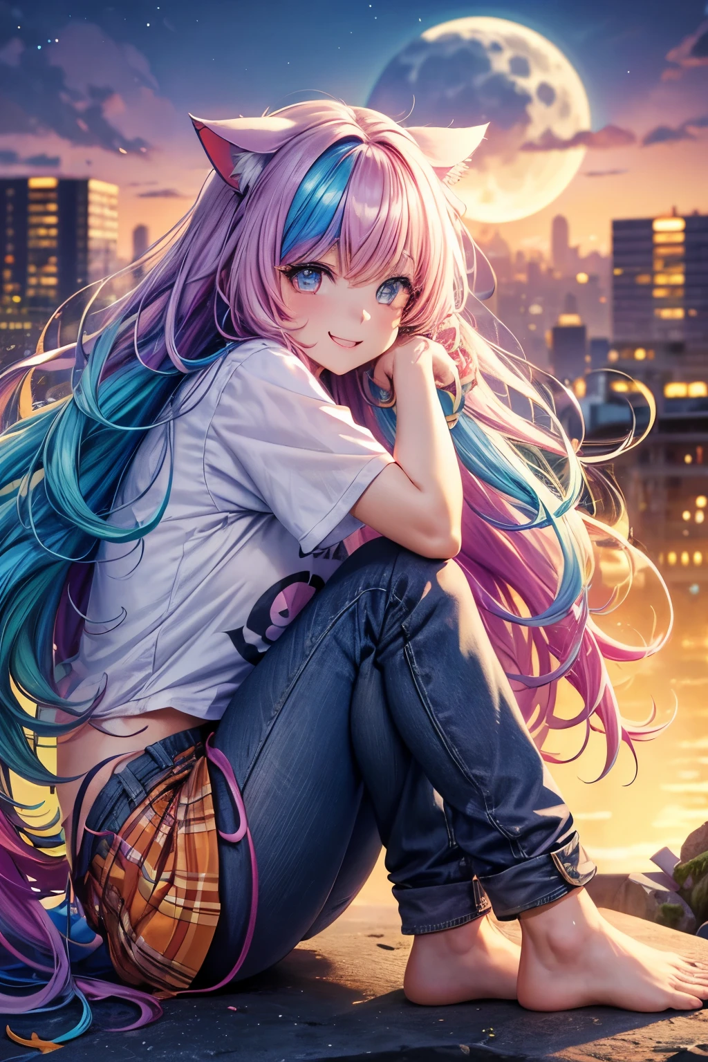 Top quality, high resolution, perfect human body structure, from side, rainbow hair, glowing hair, cat ears, background with flowers, moon, colorful, pastel colors, cityscape, fetal position , heart shaped pupils, wavy hair, shiny hair, smiling, cliff top, t-shirt, jeans,