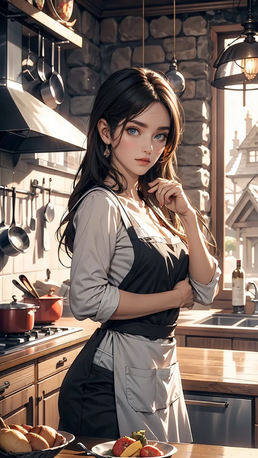 World Cup style, woman, Obscene pose, Captivating look, apron, kitchen, medieval setting