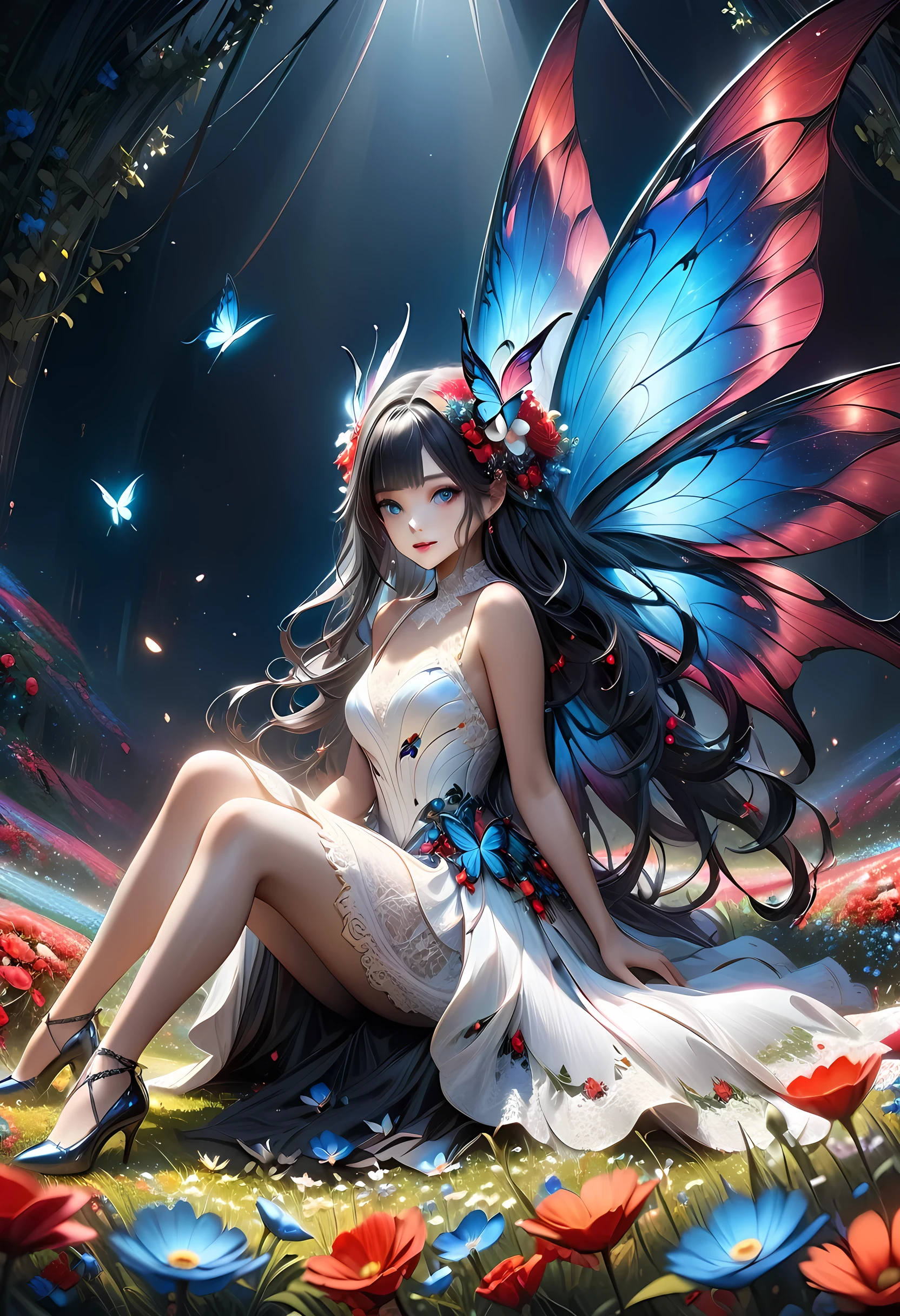 high details, best quality, 16k, RAW, [best detailed], masterpiece, best quality, (extremely detailed), full body, ultra wide shot, photorealistic, dark fantasy art, goth art, RPG art, D&D art, a picture of a dark female fairy resting in a flower meadow, extremely beautiful fairy, ultra feminine (intense details, Masterpiece, best quality), best detailed face (intense details, Masterpiece, best quality), having wide butterfly wings, spread butterfly wings (intense details, Masterpiece, best quality), dark colors wings (intense details, Masterpiece, best quality), black hair, long hair, shinning hair, flowing hair, shy smile, innocent smile, blue eyes, dark red lips, wearing ((white: 1.5)) lace dress (intense details, Masterpiece, best quality), ((white lace: 1.5)) corset (intense details, Masterpiece, best quality), dynamic elegant shirt, chocker, wearing high heels, in dark colored flower meadow (intense details, Masterpiece, best quality), (red flowers: 1.2) , (black flowers: 1.2), (white flowers: 1.2), (blue flowers: 1.3) [extreme many flowers] (intense details, Masterpiece, best quality), dark colorful flowers (intense details, Masterpiece, best quality), flower meadow in a dark goth field background, dim light, cinematic light, High Detail, Ultra High Quality, High Resolution, 16K Resolution, Ultra HD Pictures, 3D rendering Ultra Realistic, Clear Details, Realistic Detail, Ultra High Definition, lace drawing, betmd, DonMF41ryW1ng5XL
