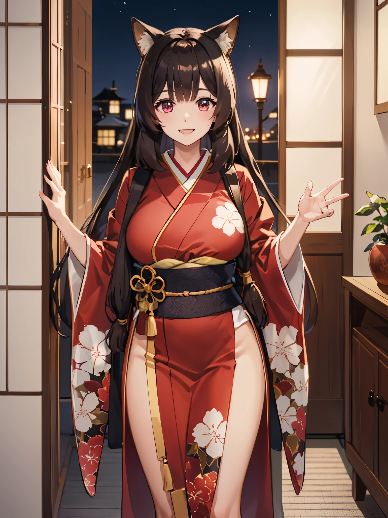 (Best quality), (extremely detailed CG Unity 8k wallpaper), (very detailed), ((absurdity)), Detailed beautiful eyes,
Raphtalia, Red eyes, black hair, fox tail, fox ears, 1 girl, standing,Wearing kimono, red kimono, big breast,in bedroom,Wave hands,smile,at night, Japanese house,close up photo