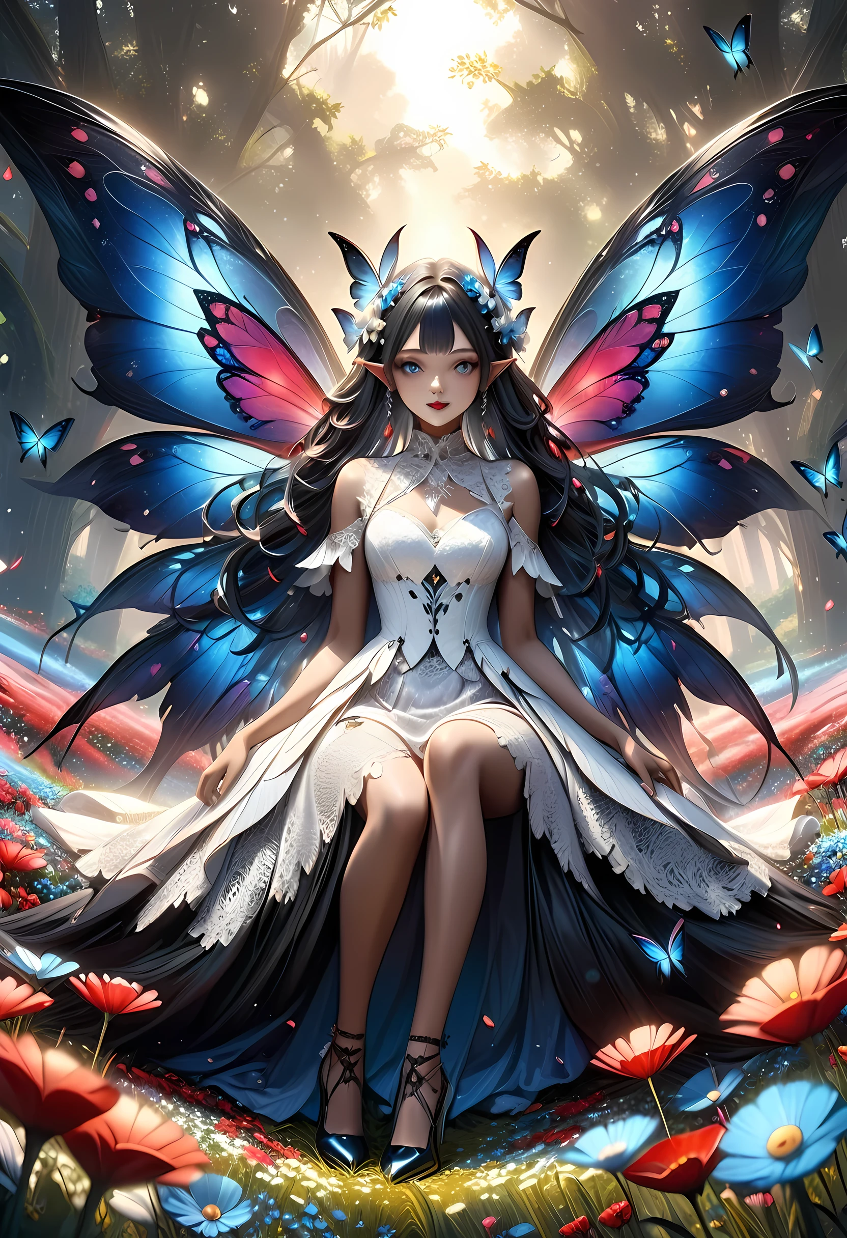 high details, best quality, 16k, RAW, [best detailed], masterpiece, best quality, (extremely detailed), full body, ultra wide shot, photorealistic, dark fantasy art, goth art, RPG art, D&D art, a picture of a dark female fairy resting in a flower meadow, extremely beautiful fairy, ultra feminine (intense details, Masterpiece, best quality), best detailed face (intense details, Masterpiece, best quality), having wide butterfly wings, spread butterfly wings (intense details, Masterpiece, best quality), dark colors wings (intense details, Masterpiece, best quality), black hair, long hair, shinning hair, flowing hair, shy smile, innocent smile, blue eyes, dark red lips, wearing ((white: 1.5)) lace dress (intense details, Masterpiece, best quality), ((white lace: 1.5)) corset (intense details, Masterpiece, best quality), dynamic elegant shirt, chocker, wearing high heels, in dark colored flower meadow (intense details, Masterpiece, best quality), (red flowers: 1.2) , (black flowers: 1.2), (white flowers: 1.2), (blue flowers: 1.3) [extreme many flowers] (intense details, Masterpiece, best quality), dark colorful flowers (intense details, Masterpiece, best quality), flower meadow in a dark goth field background, dim light, cinematic light, High Detail, Ultra High Quality, High Resolution, 16K Resolution, Ultra HD Pictures, 3D rendering Ultra Realistic, Clear Details, Realistic Detail, Ultra High Definition, lace drawing, betmd, DonMF41ryW1ng5XL
