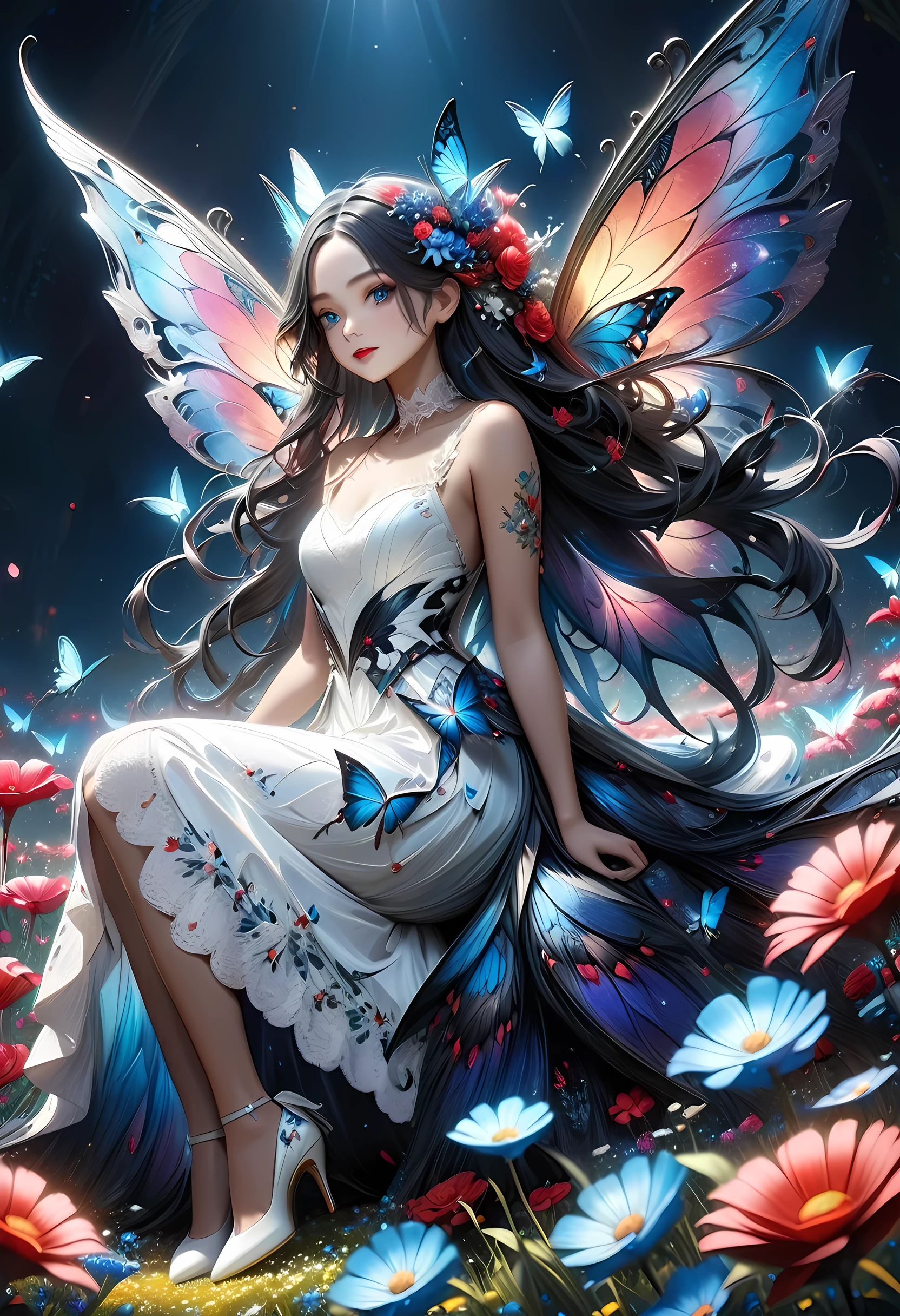 high details, best quality, 16k, RAW, [best detailed], masterpiece, best quality, (extremely detailed), full body, ultra wide shot, photorealistic, dark fantasy art, goth art, RPG art, D&D art, a picture of a dark female fairy resting in a flower meadow, extremely beautiful fairy, ultra feminine (intense details, Masterpiece, best quality), best detailed face (intense details, Masterpiece, best quality), having wide butterfly wings, spread butterfly wings (intense details, Masterpiece, best quality), dark colors wings (intense details, Masterpiece, best quality), black hair, long hair, shinning hair, flowing hair, shy smile, innocent smile, blue eyes, dark red lips, wearing ((white: 1.5)) lace dress (intense details, Masterpiece, best quality), ((white lace: 1.5)) corset (intense details, Masterpiece, best quality), dynamic elegant shirt, chocker, wearing high heels, in dark colored flower meadow (intense details, Masterpiece, best quality), (red flowers: 1.2) , (black flowers: 1.2), (white flowers: 1.2), (blue flowers: 1.3) [extreme many flowers] (intense details, Masterpiece, best quality), dark colorful flowers (intense details, Masterpiece, best quality), flower meadow in a dark goth field background, dim light, cinematic light, High Detail, Ultra High Quality, High Resolution, 16K Resolution, Ultra HD Pictures, 3D rendering Ultra Realistic, Clear Details, Realistic Detail, Ultra High Definition, lace drawing, betmd, DonMF41ryW1ng5XL
