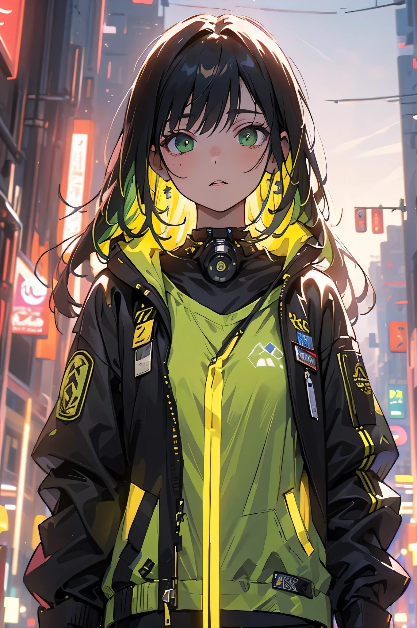 (masterpiece), (highest quality), Ultra-high resolution, Sharp focus, ((1 female, alone)), whole body, Cyberpunk Theme, Beautiful detailed hair, Chestnut Hair, long hair hangs down, Beautifully detailed face, ((Beautifully shaped eyes, Green Eyes)), Perfect feminine face, View your viewers, Feminine yellow-green enamel cyberpunk outfit,refined armor, Neon lights in the city of bright colors, (At night:1.2)