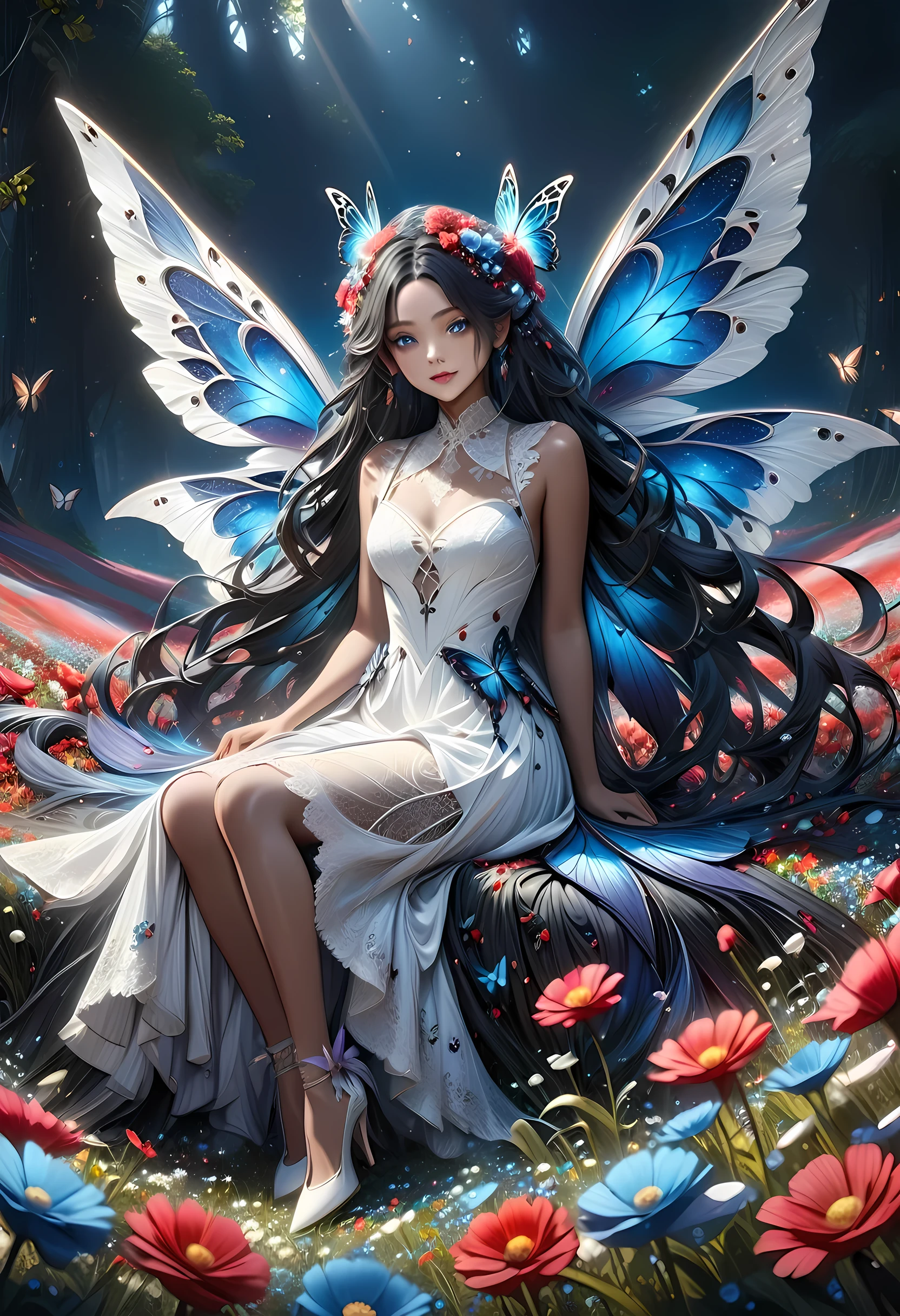 high details, best quality, 16k, RAW, [best detailed], masterpiece, best quality, (extremely detailed), full body, ultra wide shot, photorealistic, dark fantasy art, goth art, RPG art, D&D art, a picture of a dark female fairy resting in a flower meadow, extremely beautiful fairy, ultra feminine (intense details, Masterpiece, best quality), best detailed face (intense details, Masterpiece, best quality), having wide butterfly wings, spread butterfly wings (intense details, Masterpiece, best quality), dark colors wings (intense details, Masterpiece, best quality), black hair, long hair, shinning hair, flowing hair, shy smile, innocent smile, blue eyes, dark red lips, wearing ((white: 1.5)) lace dress (intense details, Masterpiece, best quality), ((white lace: 1.5)) corset (intense details, Masterpiece, best quality), dynamic elegant shirt, chocker, wearing high heels, in dark colored flower meadow (intense details, Masterpiece, best quality), (red flowers: 1.2) , (black flowers: 1.2), (white flowers: 1.2), (blue flowers: 1.3) [extreme many flowers] (intense details, Masterpiece, best quality), dark colorful flowers (intense details, Masterpiece, best quality), flower meadow in a dark goth field background, dim light, cinematic light, High Detail, Ultra High Quality, High Resolution, 16K Resolution, Ultra HD Pictures, 3D rendering Ultra Realistic, Clear Details, Realistic Detail, Ultra High Definition, lace drawing, betmd, DonMF41ryW1ng5XL
