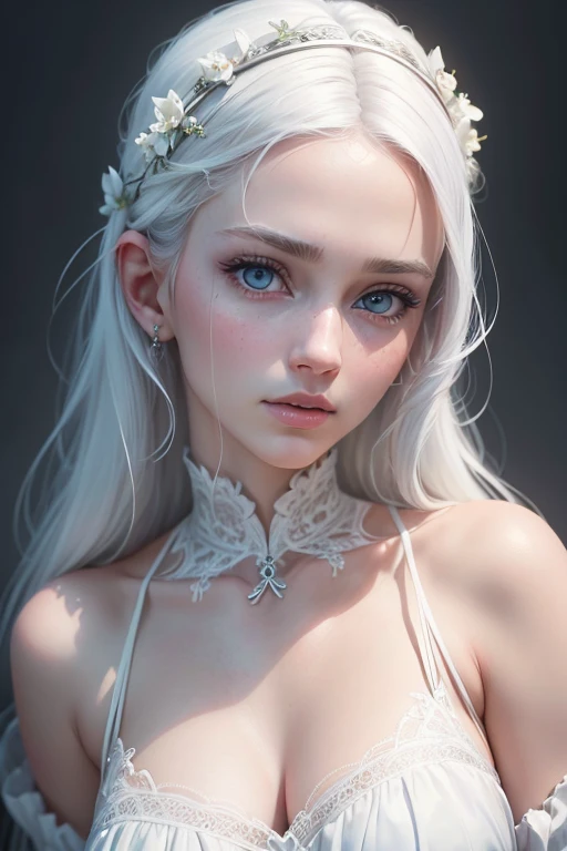 1girl, white hair, blue eyes, wearing white lace, detailed face and eyes, beautiful girl, delicate features, porcelain skin, angelic, serene expression, soft lighting, chiaroscuro, ethereal, highly detailed, intricate details, photorealistic, (best quality,4k,8k,highres,masterpiece:1.2),ultra-detailed,(realistic,photorealistic,photo-realistic:1.37)